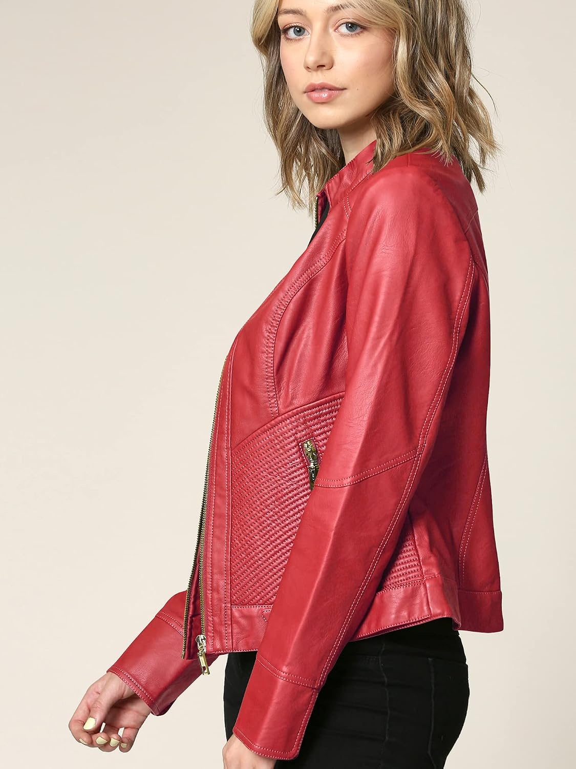 image:imageMBJ Womens Faux Leather Zip Up Moto Biker Jacket With Stitching DetaiLWjc747red