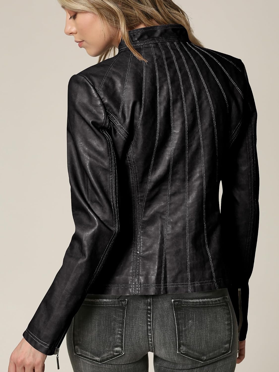 image:imageMBJ Womens Faux Leather Zip Up Moto Biker Jacket With Stitching DetaiLWjc877black