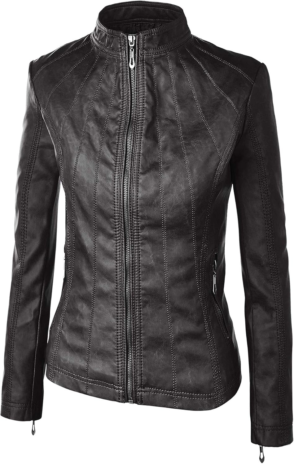 image:imageMBJ Womens Faux Leather Zip Up Moto Biker Jacket With Stitching DetaiLWjc877black