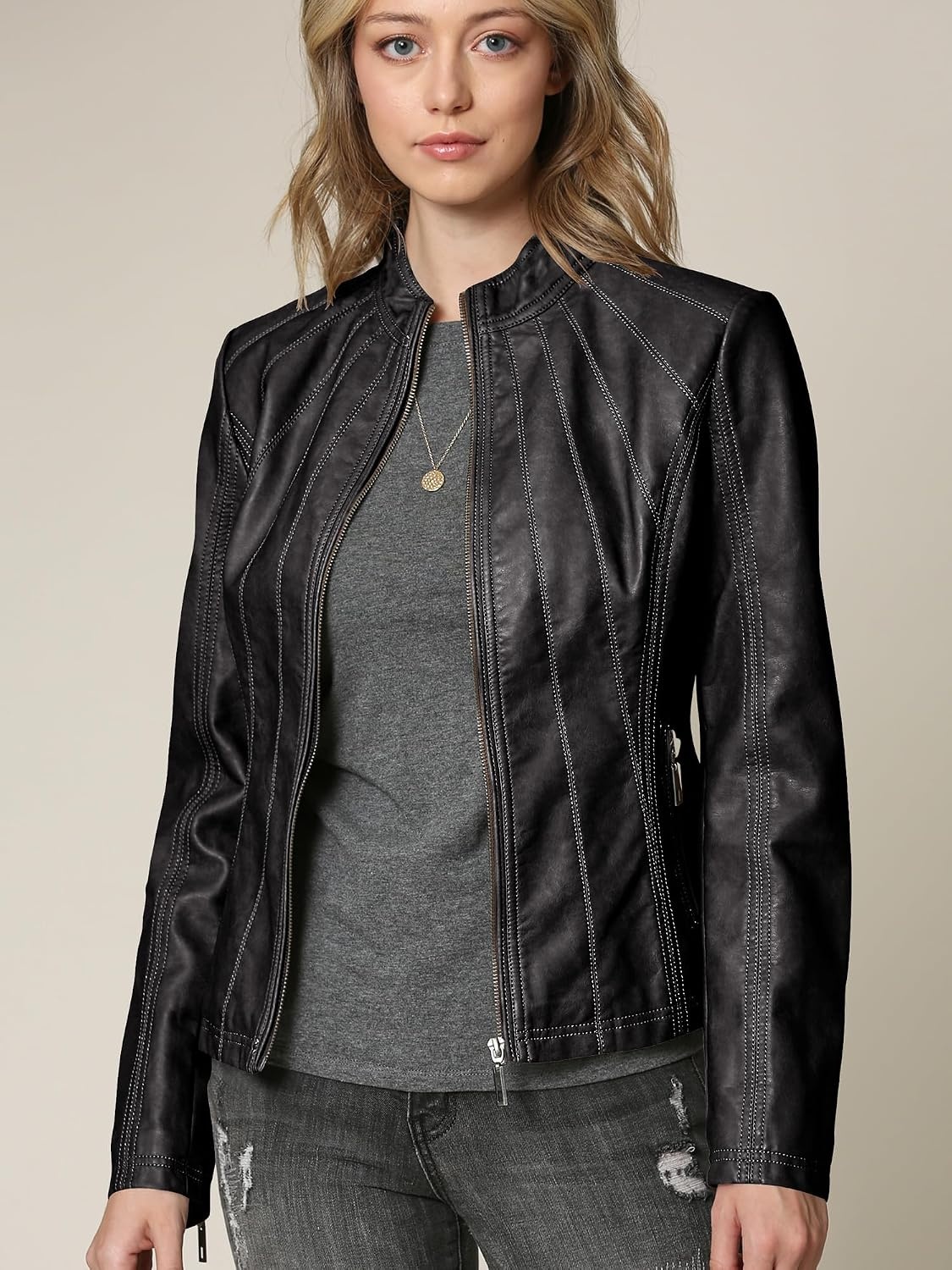 image:imageMBJ Womens Faux Leather Zip Up Moto Biker Jacket With Stitching DetaiLWjc877black