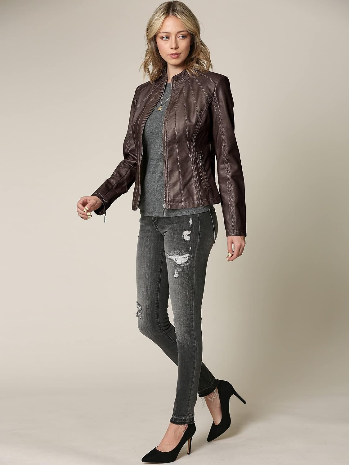 image:imageMBJ Womens Faux Leather Zip Up Moto Biker Jacket With Stitching DetaiLWjc877coffee