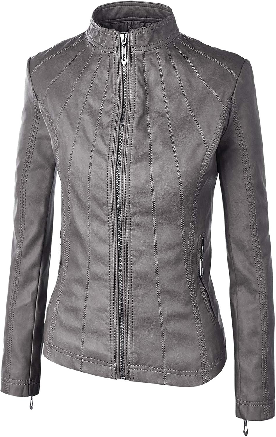 image:imageMBJ Womens Faux Leather Zip Up Moto Biker Jacket With Stitching DetaiLWjc877grey
