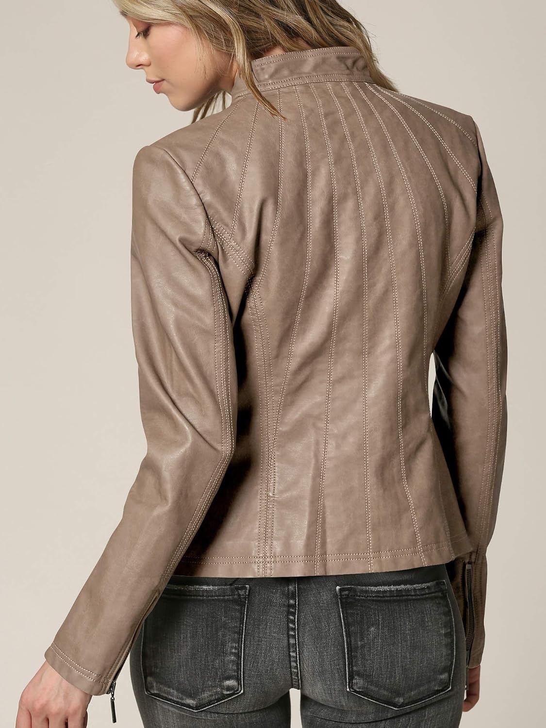 image:imageMBJ Womens Faux Leather Zip Up Moto Biker Jacket With Stitching DetaiLWjc877khaki