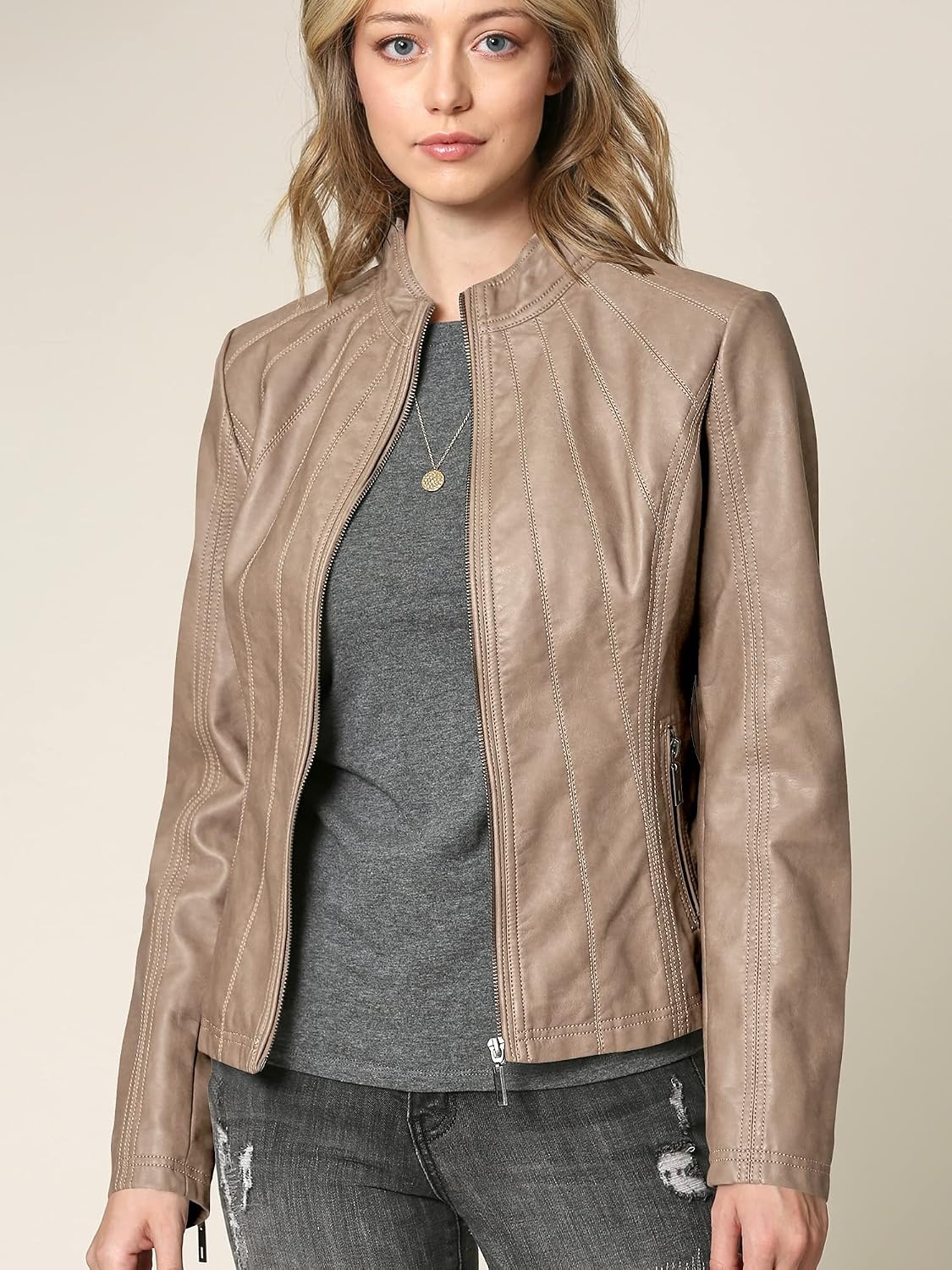 image:imageMBJ Womens Faux Leather Zip Up Moto Biker Jacket With Stitching DetaiLWjc877khaki