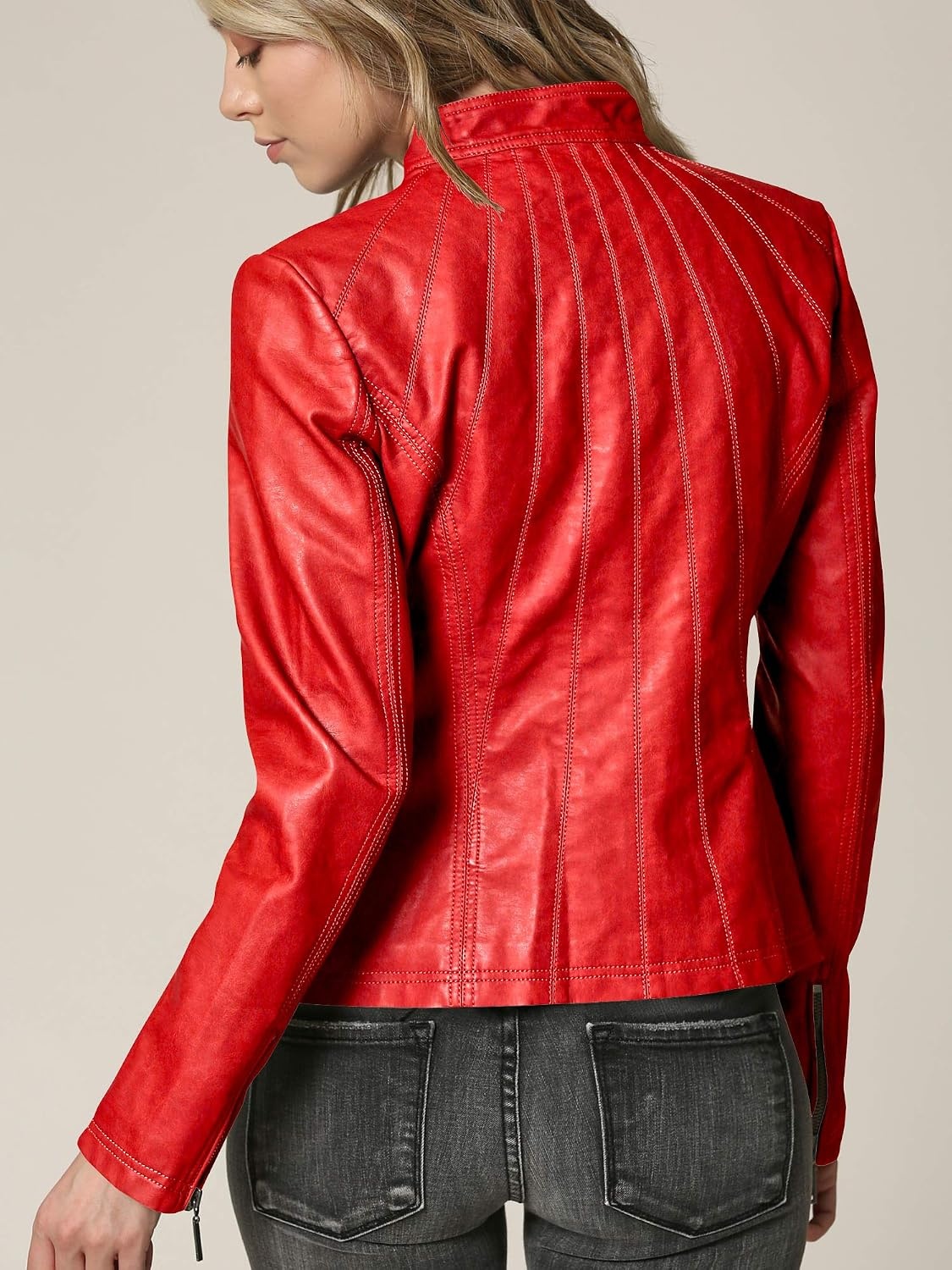 image:imageMBJ Womens Faux Leather Zip Up Moto Biker Jacket With Stitching DetaiLWjc877red