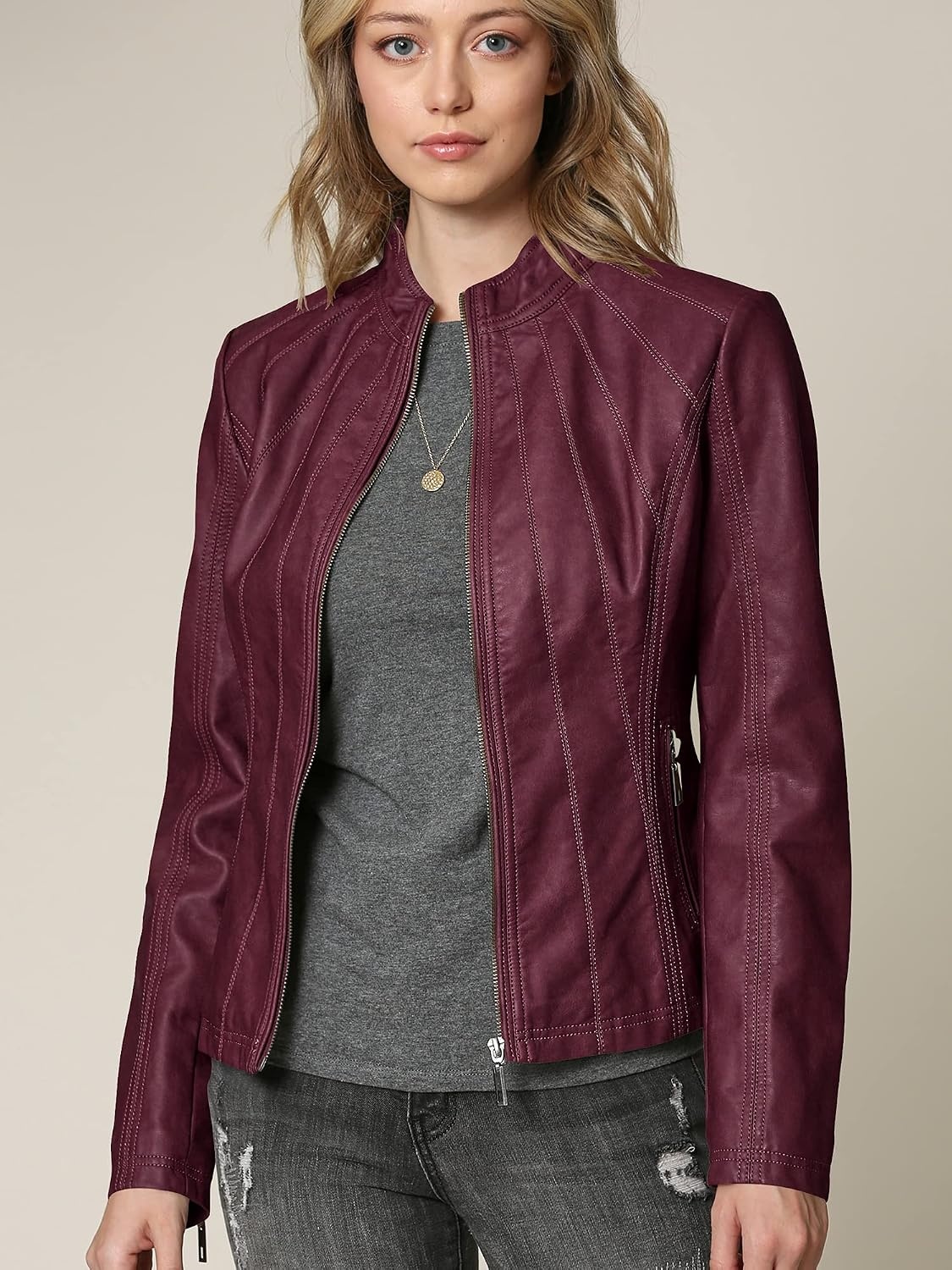 image:imageMBJ Womens Faux Leather Zip Up Moto Biker Jacket With Stitching DetaiLWjc877wine