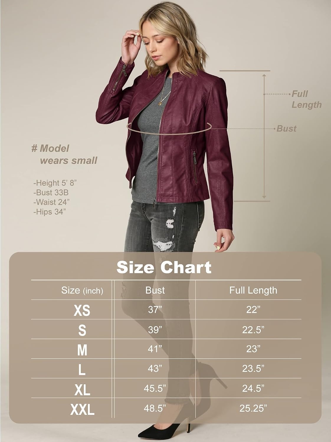 image:imageMBJ Womens Faux Leather Zip Up Moto Biker Jacket With Stitching DetaiLWjc877wine