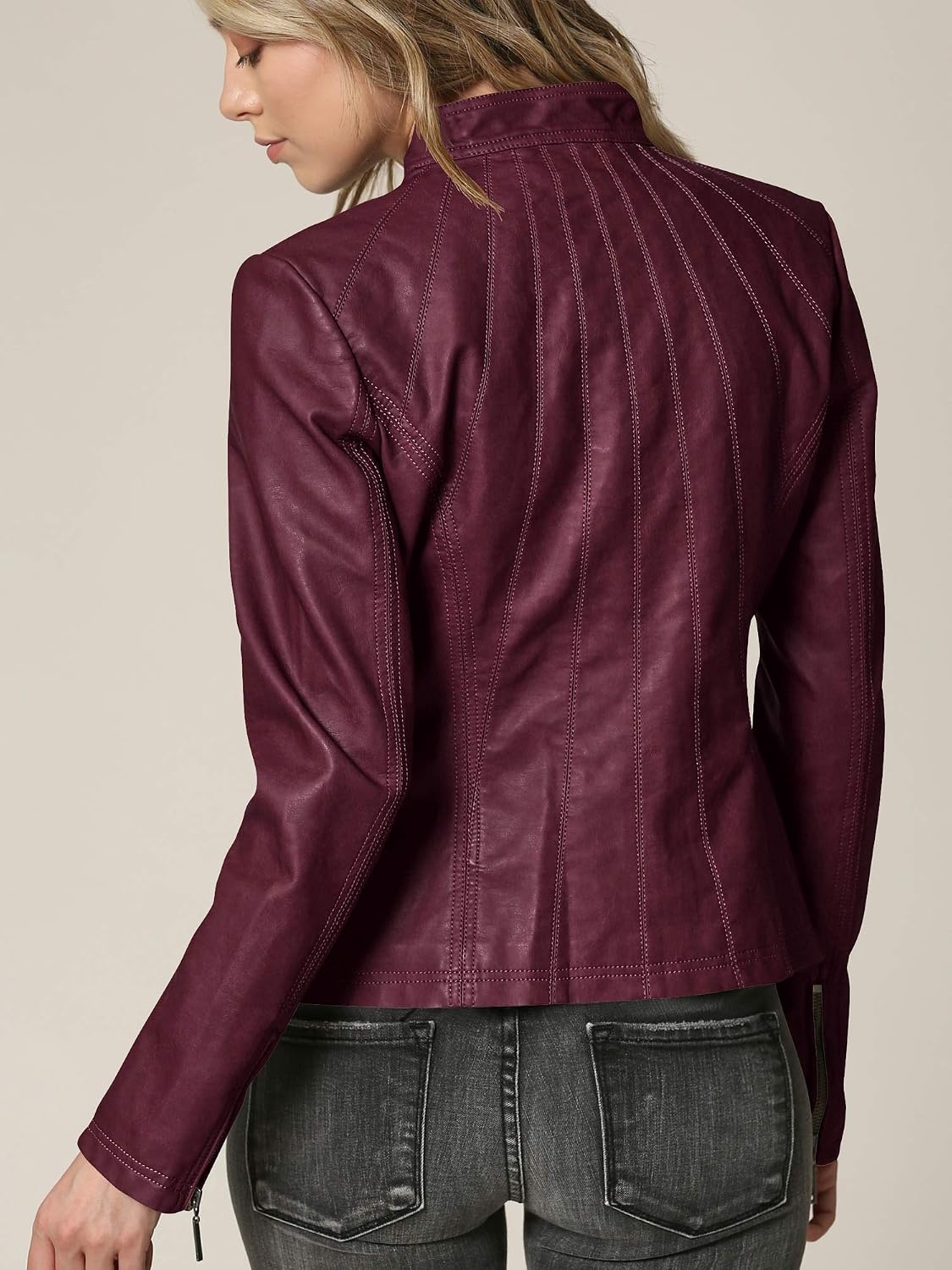 image:imageMBJ Womens Faux Leather Zip Up Moto Biker Jacket With Stitching DetaiLWjc877wine