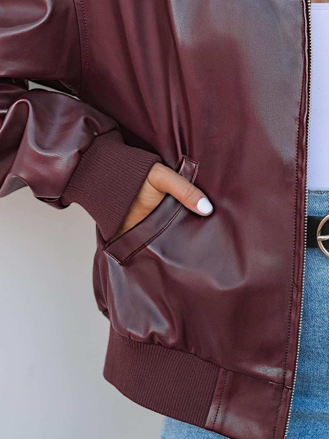 image:imageMEROKEETY Womens Fall Winter Oversized Faux Leather Bomber Jacket Coat 2026 Zip Up Long Sleeves Loose Solid Medium weight Motorcycle Jackets Trendy Boyfriend Style Fashion Outfit ClothesBurgundy