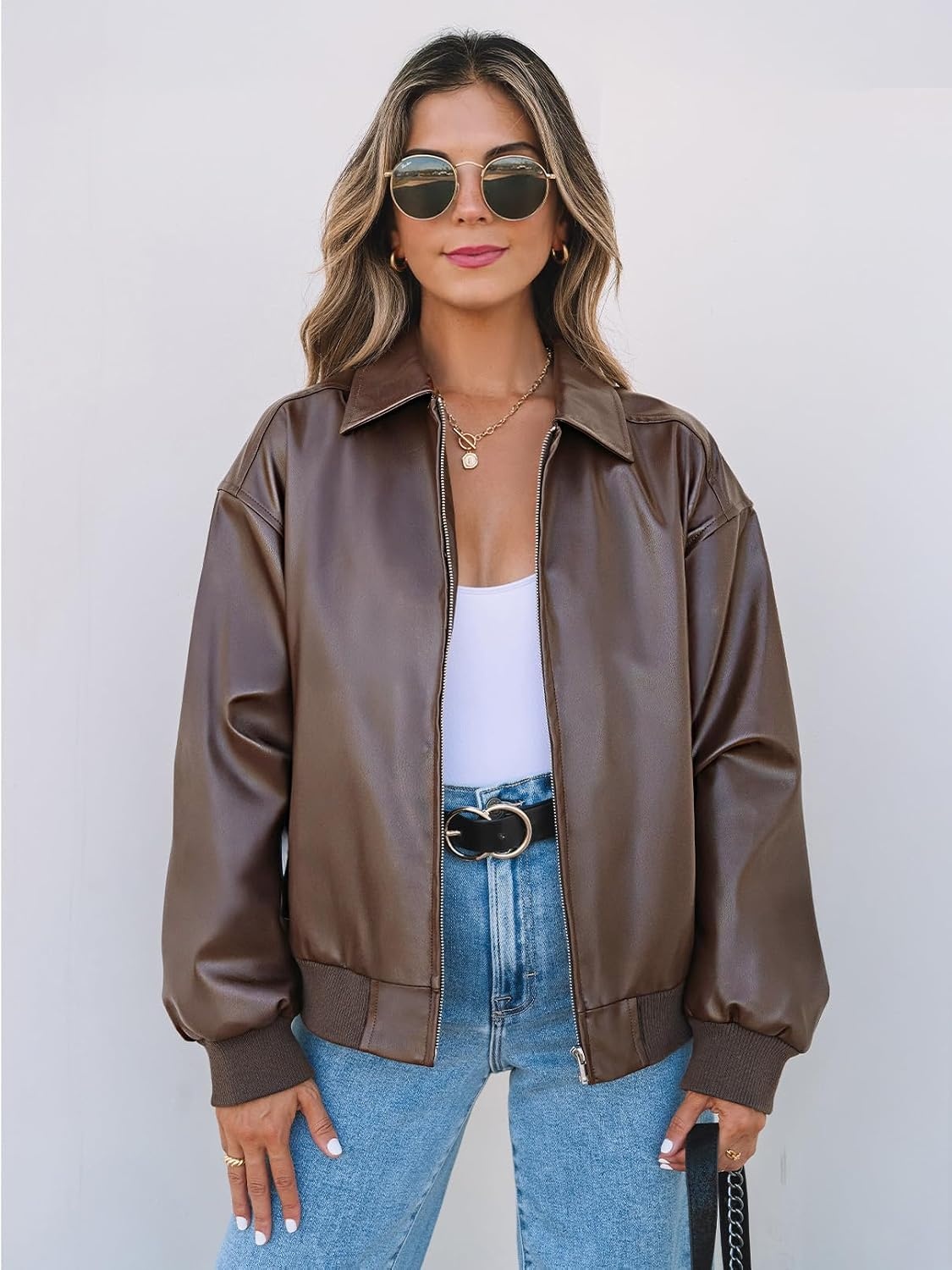 image:imageMEROKEETY Womens Fall Winter Oversized Faux Leather Bomber Jacket Coat 2026 Zip Up Long Sleeves Loose Solid Medium weight Motorcycle Jackets Trendy Boyfriend Style Fashion Outfit ClothesCoffee