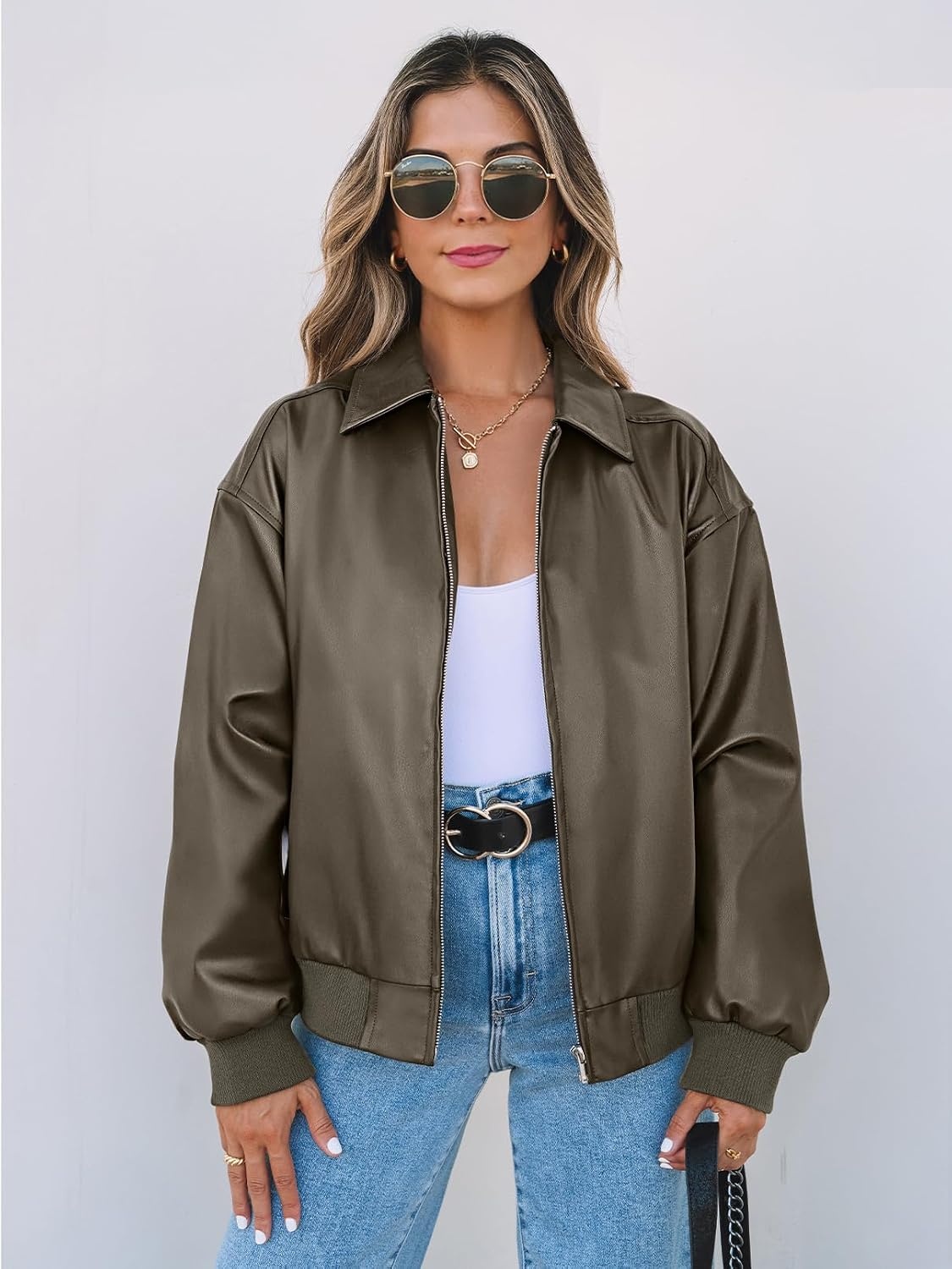 image:imageMEROKEETY Womens Fall Winter Oversized Faux Leather Bomber Jacket Coat 2026 Zip Up Long Sleeves Loose Solid Medium weight Motorcycle Jackets Trendy Boyfriend Style Fashion Outfit ClothesArmygreen