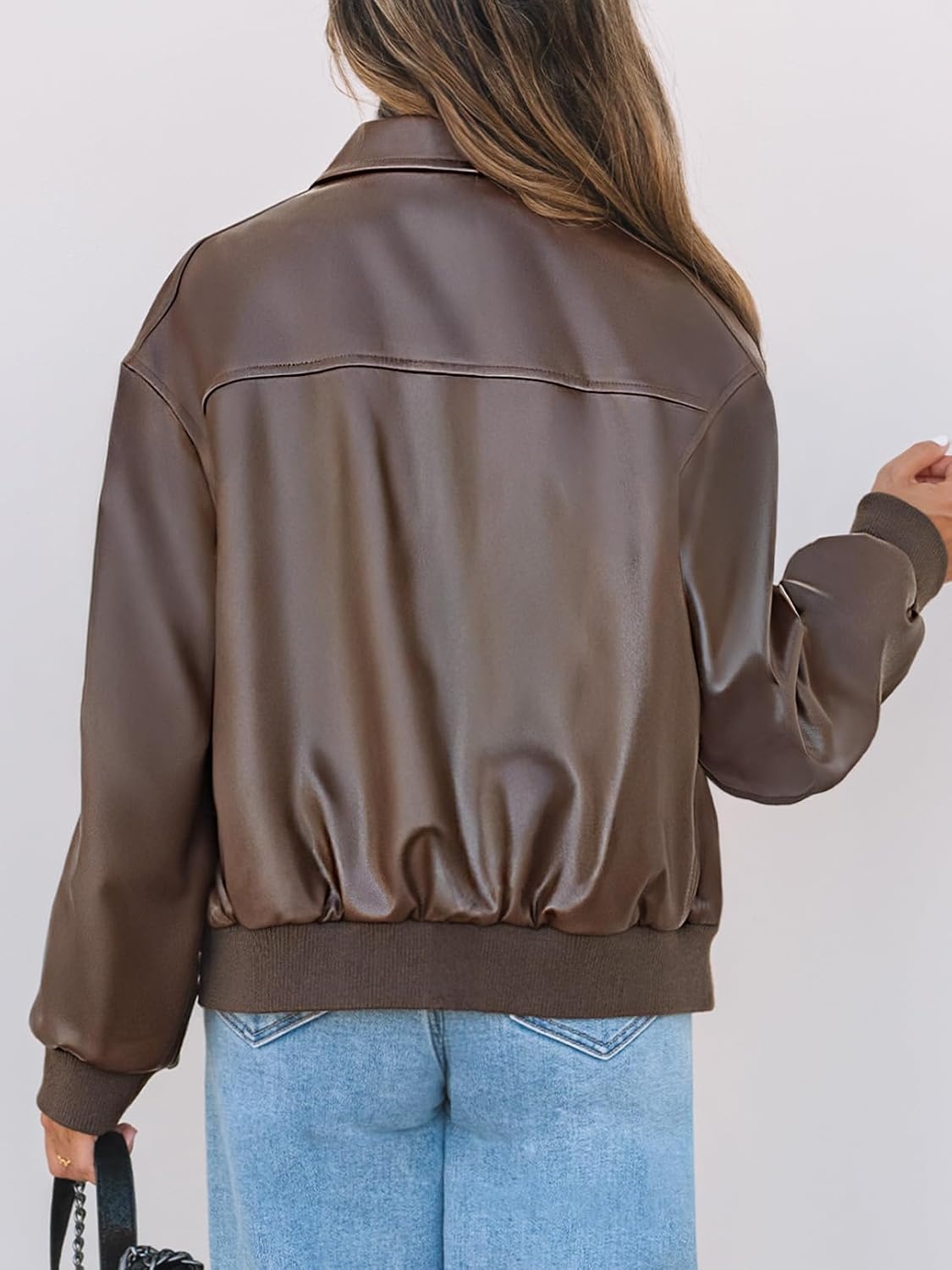 image:imageMEROKEETY Womens Fall Winter Oversized Faux Leather Bomber Jacket Coat 2026 Zip Up Long Sleeves Loose Solid Medium weight Motorcycle Jackets Trendy Boyfriend Style Fashion Outfit ClothesCoffee