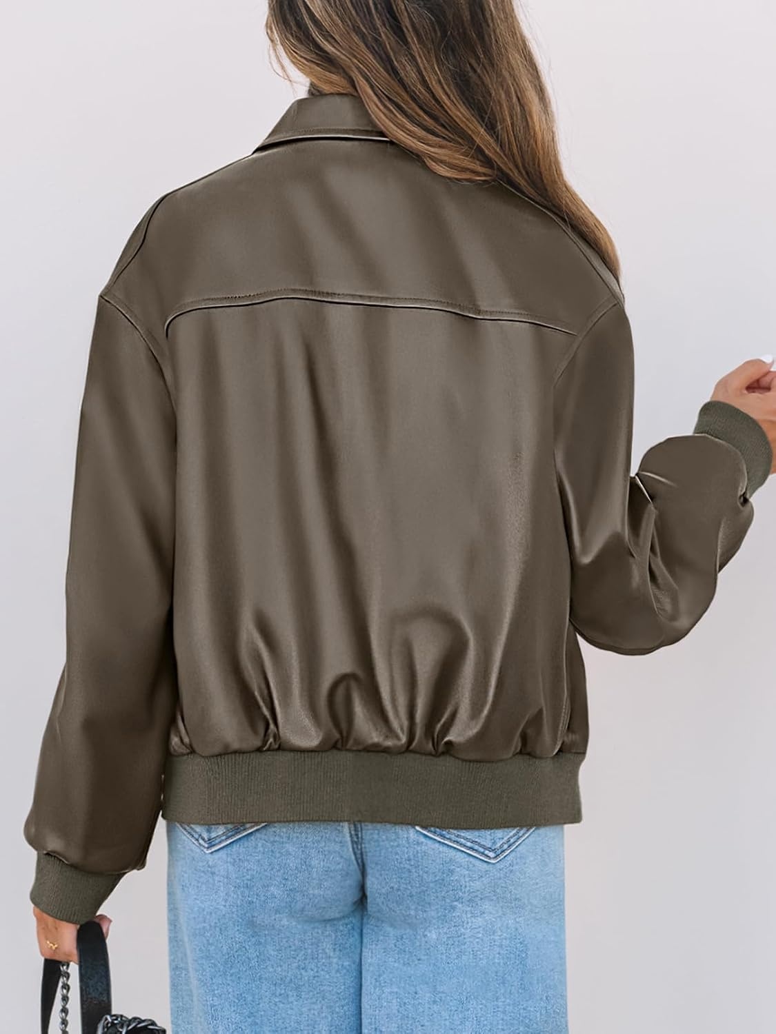 image:imageMEROKEETY Womens Fall Winter Oversized Faux Leather Bomber Jacket Coat 2026 Zip Up Long Sleeves Loose Solid Medium weight Motorcycle Jackets Trendy Boyfriend Style Fashion Outfit ClothesArmygreen