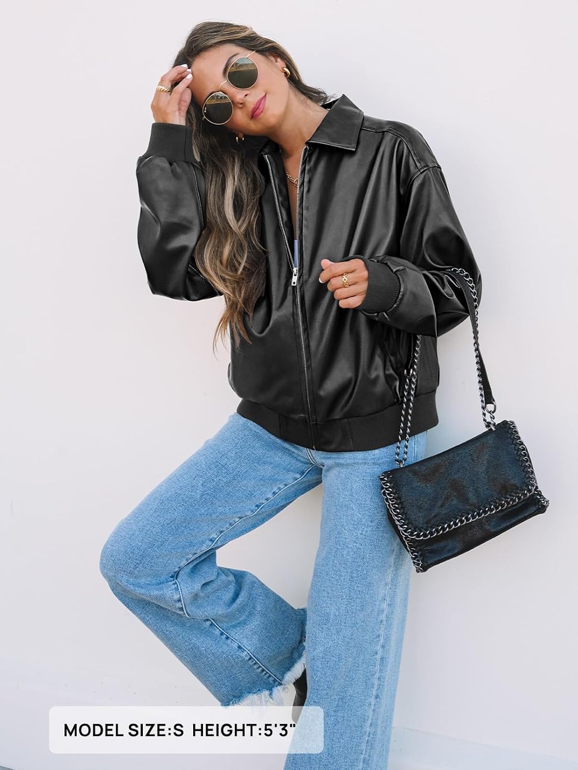 image:imageMEROKEETY Womens Fall Winter Oversized Faux Leather Bomber Jacket Coat 2026 Zip Up Long Sleeves Loose Solid Medium weight Motorcycle Jackets Trendy Boyfriend Style Fashion Outfit ClothesBlack