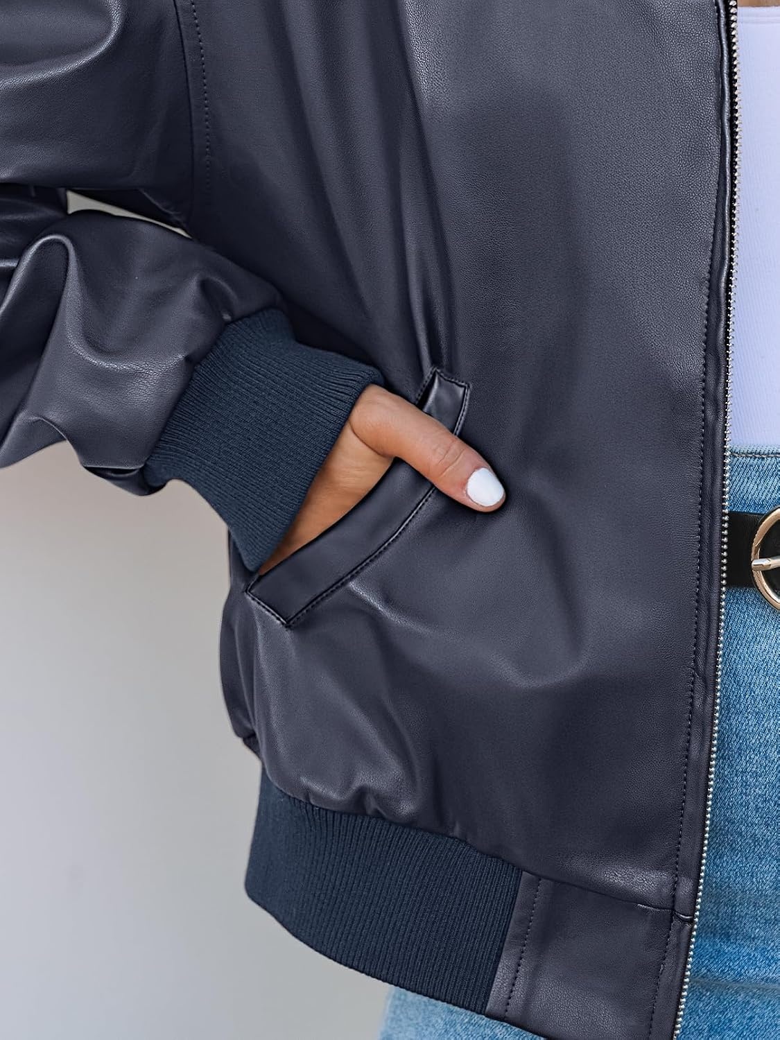 image:imageMEROKEETY Womens Fall Winter Oversized Faux Leather Bomber Jacket Coat 2026 Zip Up Long Sleeves Loose Solid Medium weight Motorcycle Jackets Trendy Boyfriend Style Fashion Outfit ClothesNavy