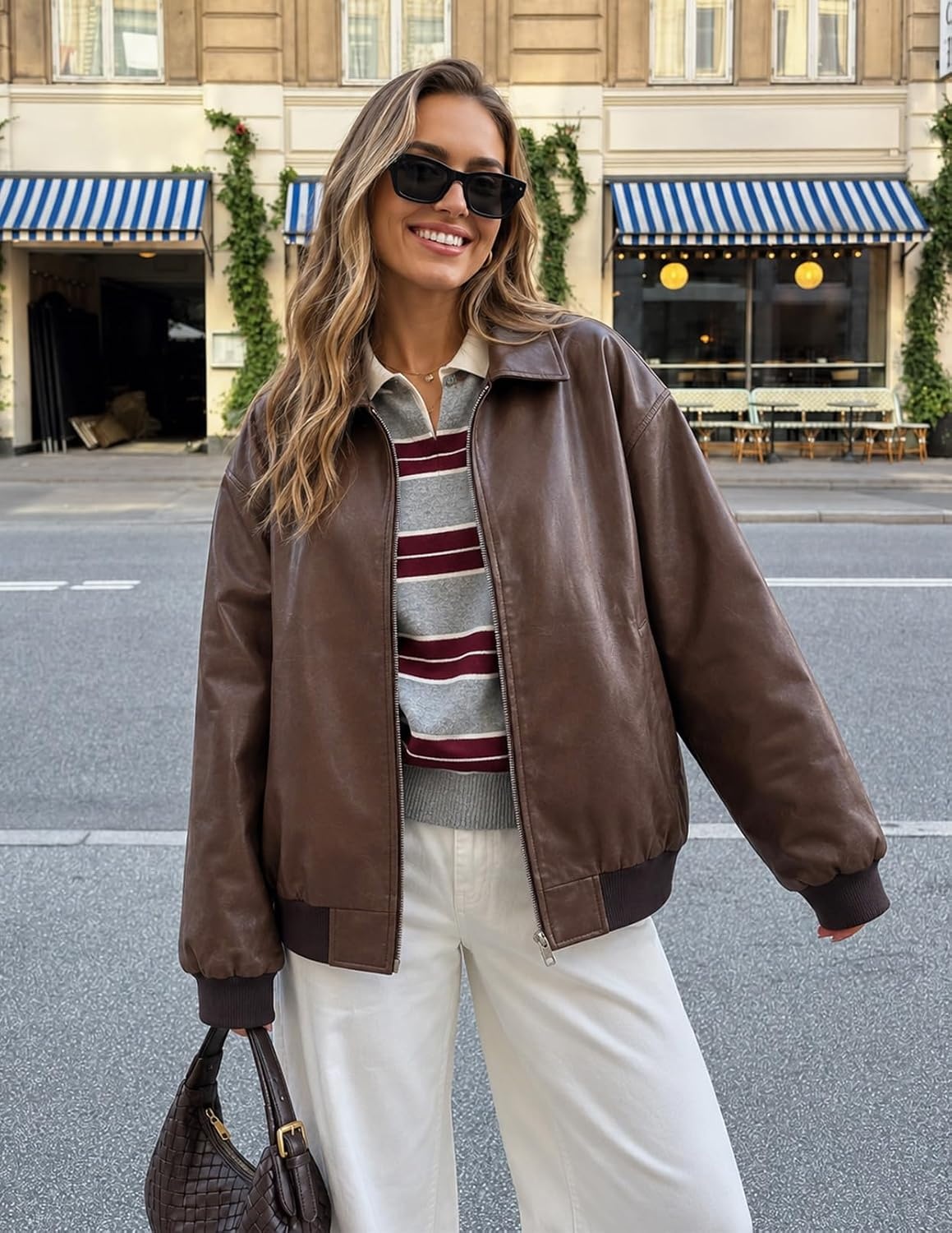 image:imageMEROKEETY Womens Fall Winter Oversized Faux Leather Bomber Jacket Coat 2026 Zip Up Long Sleeves Loose Solid Medium weight Motorcycle Jackets Trendy Boyfriend Style Fashion Outfit ClothesCoffee
