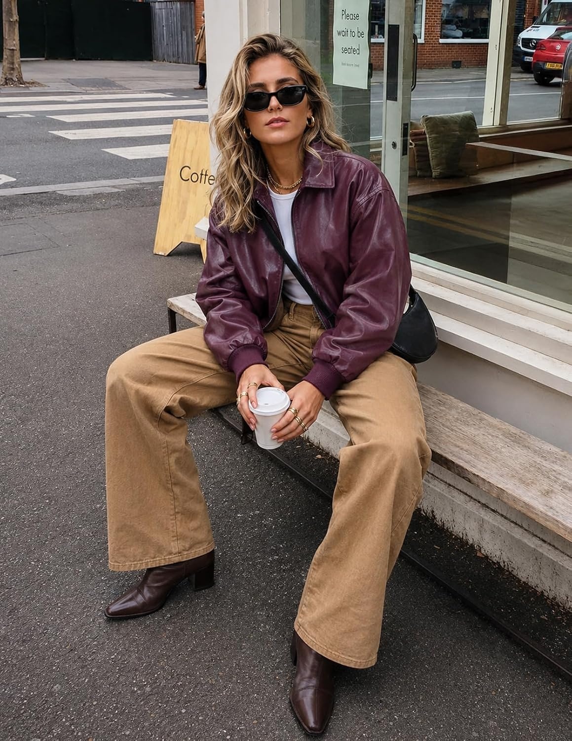 image:imageMEROKEETY Womens Fall Winter Oversized Faux Leather Bomber Jacket Coat 2026 Zip Up Long Sleeves Loose Solid Medium weight Motorcycle Jackets Trendy Boyfriend Style Fashion Outfit ClothesBurgundy