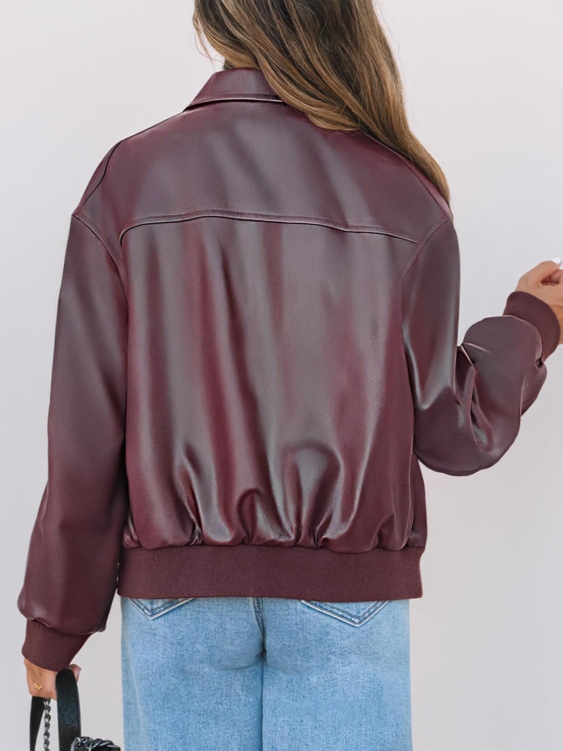 image:imageMEROKEETY Womens Fall Winter Oversized Faux Leather Bomber Jacket Coat 2026 Zip Up Long Sleeves Loose Solid Medium weight Motorcycle Jackets Trendy Boyfriend Style Fashion Outfit ClothesBurgundy