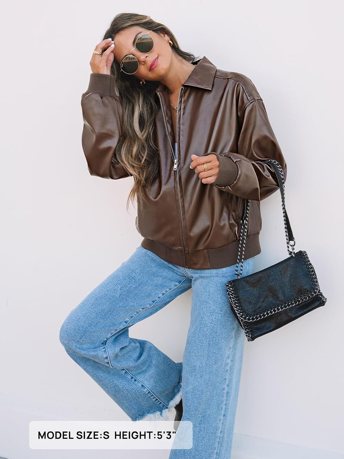 image:imageMEROKEETY Womens Fall Winter Oversized Faux Leather Bomber Jacket Coat 2026 Zip Up Long Sleeves Loose Solid Medium weight Motorcycle Jackets Trendy Boyfriend Style Fashion Outfit ClothesCoffee
