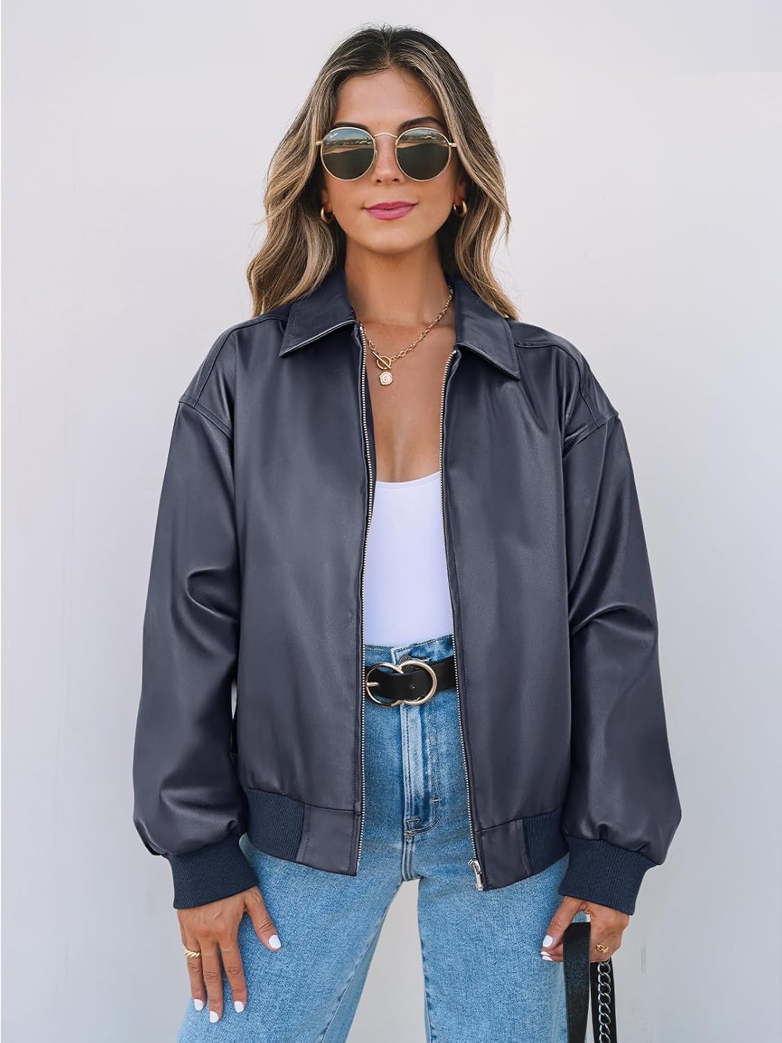 image:imageMEROKEETY Womens Fall Winter Oversized Faux Leather Bomber Jacket Coat 2026 Zip Up Long Sleeves Loose Solid Medium weight Motorcycle Jackets Trendy Boyfriend Style Fashion Outfit ClothesNavy