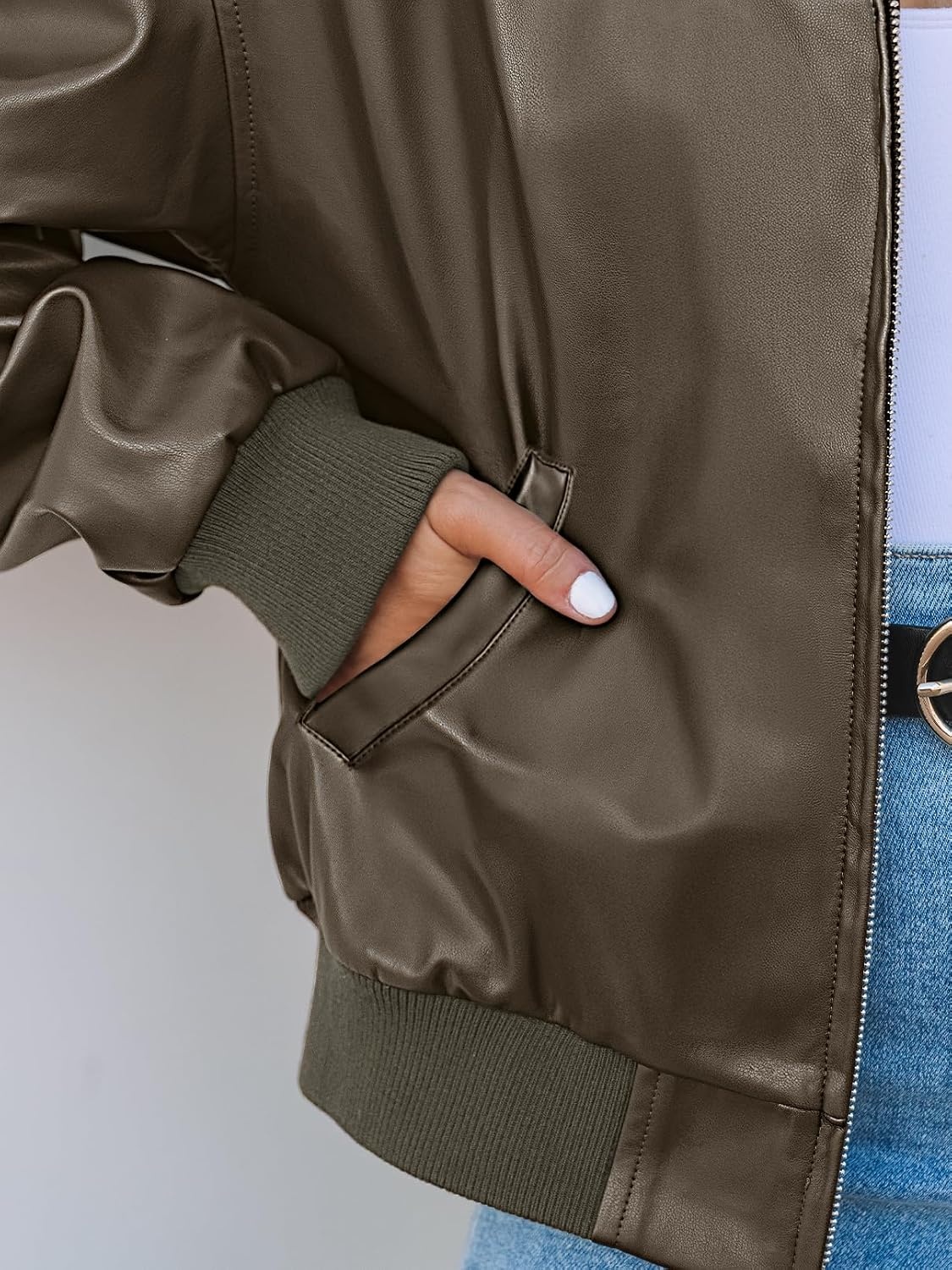 image:imageMEROKEETY Womens Fall Winter Oversized Faux Leather Bomber Jacket Coat 2026 Zip Up Long Sleeves Loose Solid Medium weight Motorcycle Jackets Trendy Boyfriend Style Fashion Outfit ClothesArmygreen