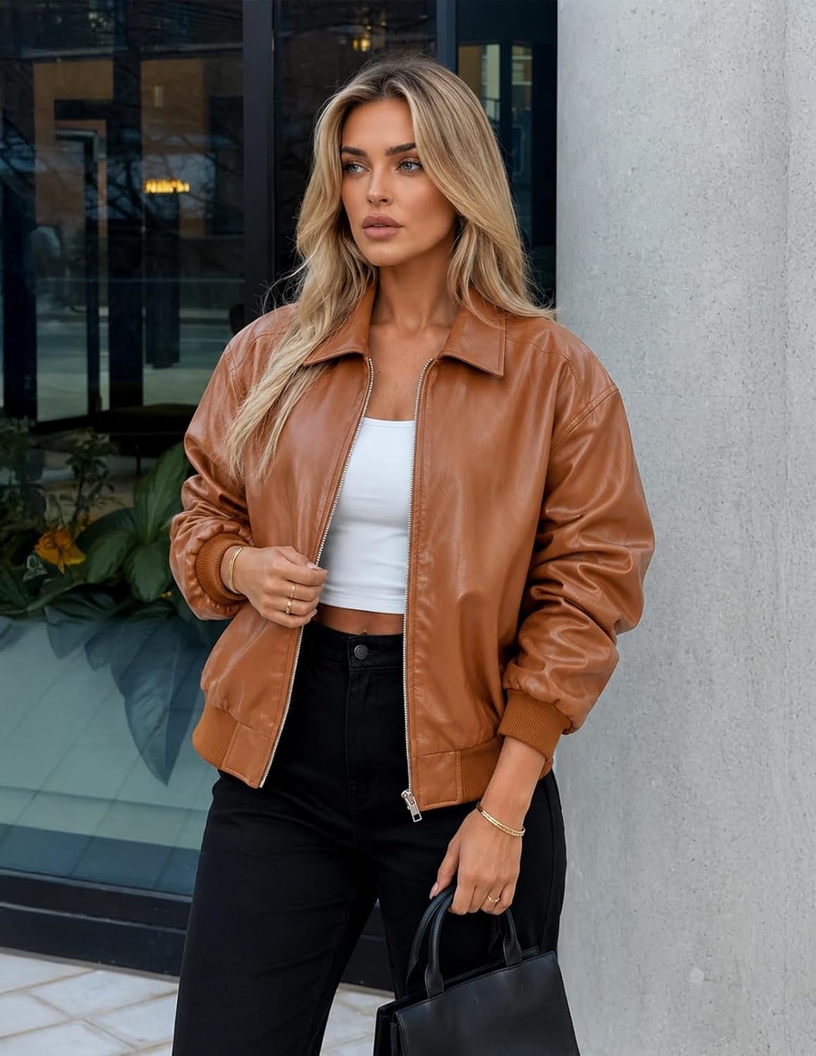 image:imageMEROKEETY Womens Fall Winter Oversized Faux Leather Bomber Jacket Coat 2026 Zip Up Long Sleeves Loose Solid Medium weight Motorcycle Jackets Trendy Boyfriend Style Fashion Outfit ClothesCaramel