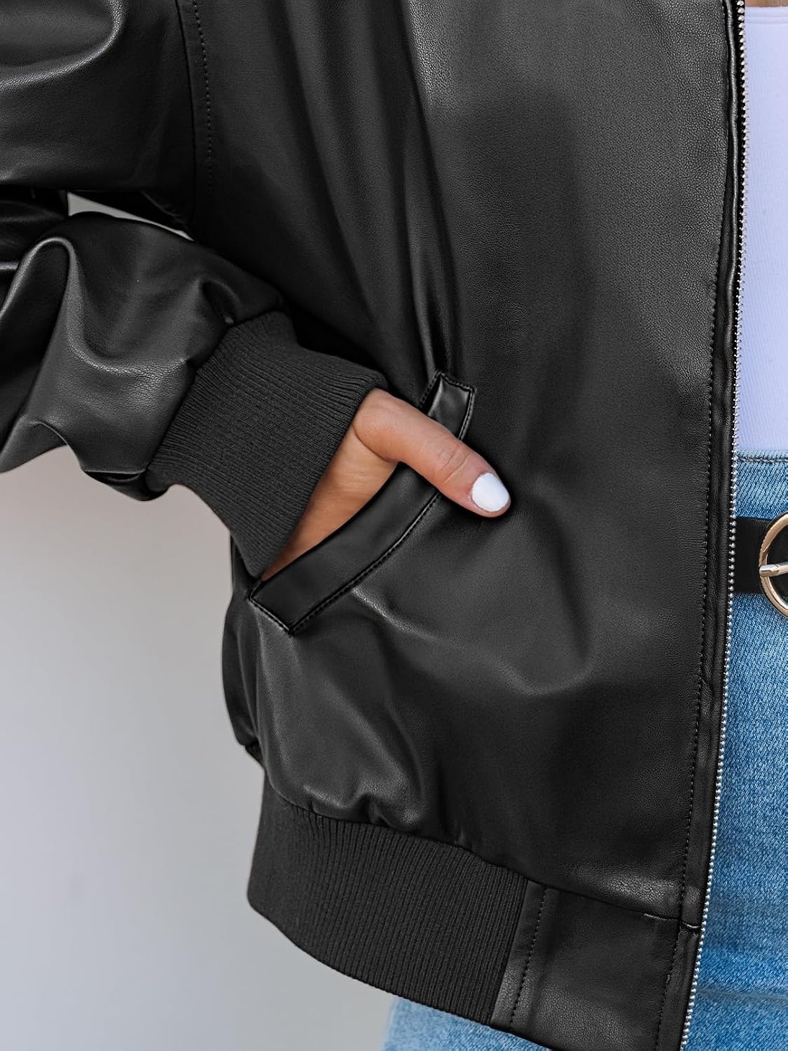 image:imageMEROKEETY Womens Fall Winter Oversized Faux Leather Bomber Jacket Coat 2026 Zip Up Long Sleeves Loose Solid Medium weight Motorcycle Jackets Trendy Boyfriend Style Fashion Outfit ClothesBlack