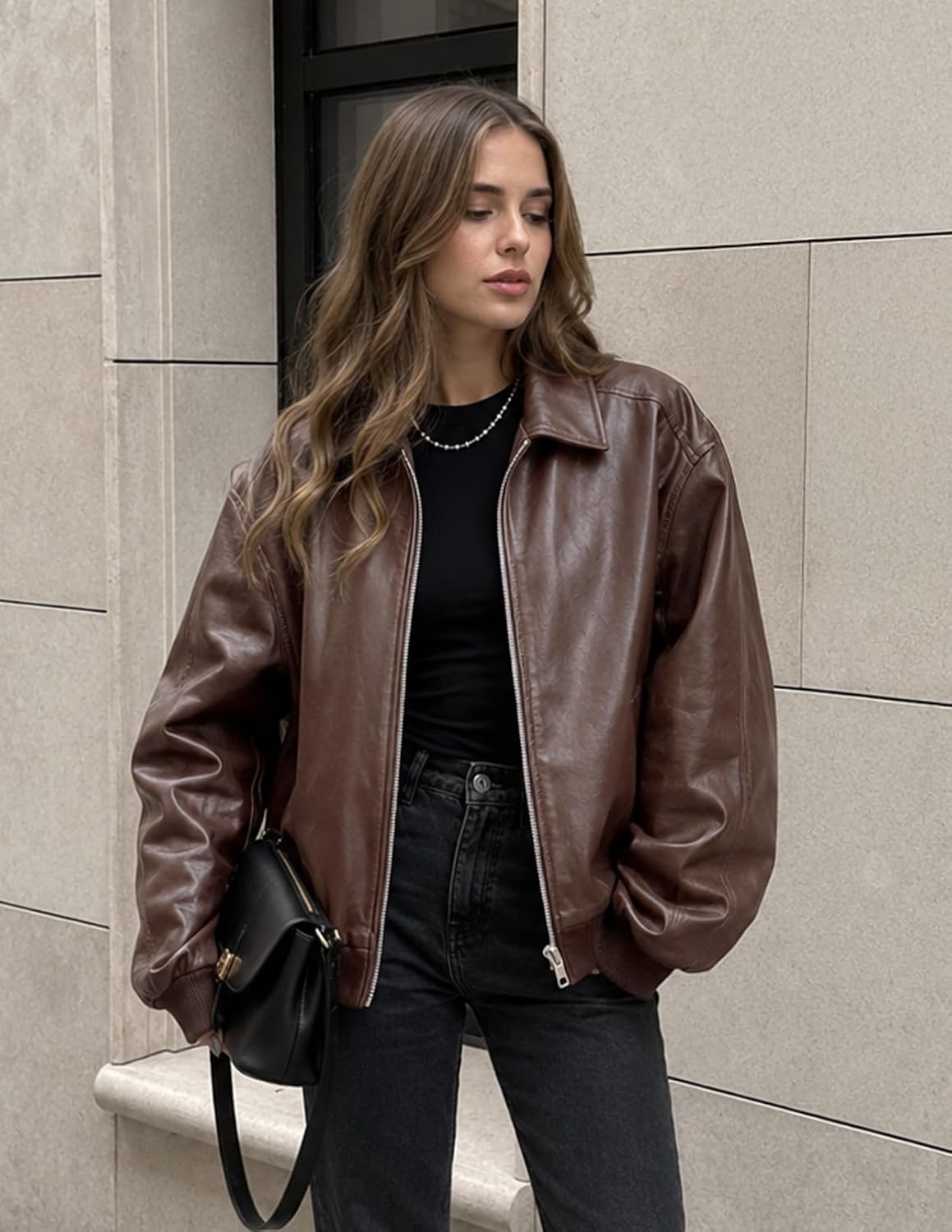 image:imageMEROKEETY Womens Fall Winter Oversized Faux Leather Bomber Jacket Coat 2026 Zip Up Long Sleeves Loose Solid Medium weight Motorcycle Jackets Trendy Boyfriend Style Fashion Outfit ClothesCoffee