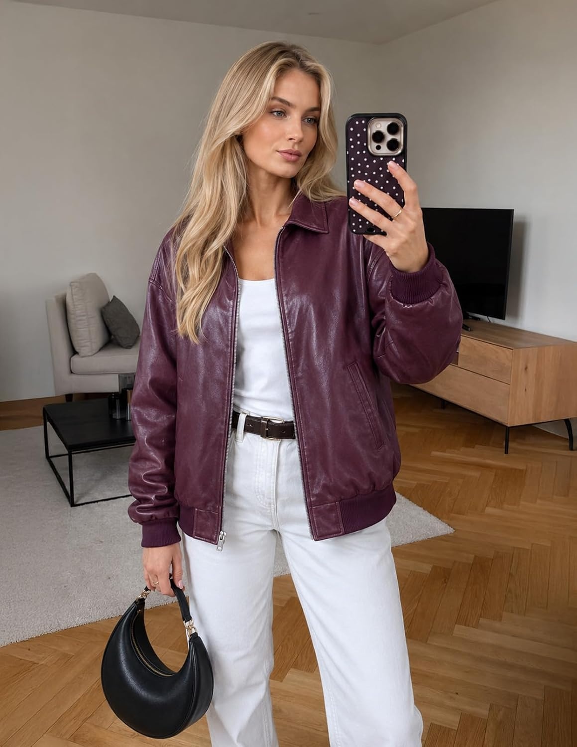 image:imageMEROKEETY Womens Fall Winter Oversized Faux Leather Bomber Jacket Coat 2026 Zip Up Long Sleeves Loose Solid Medium weight Motorcycle Jackets Trendy Boyfriend Style Fashion Outfit ClothesBurgundy