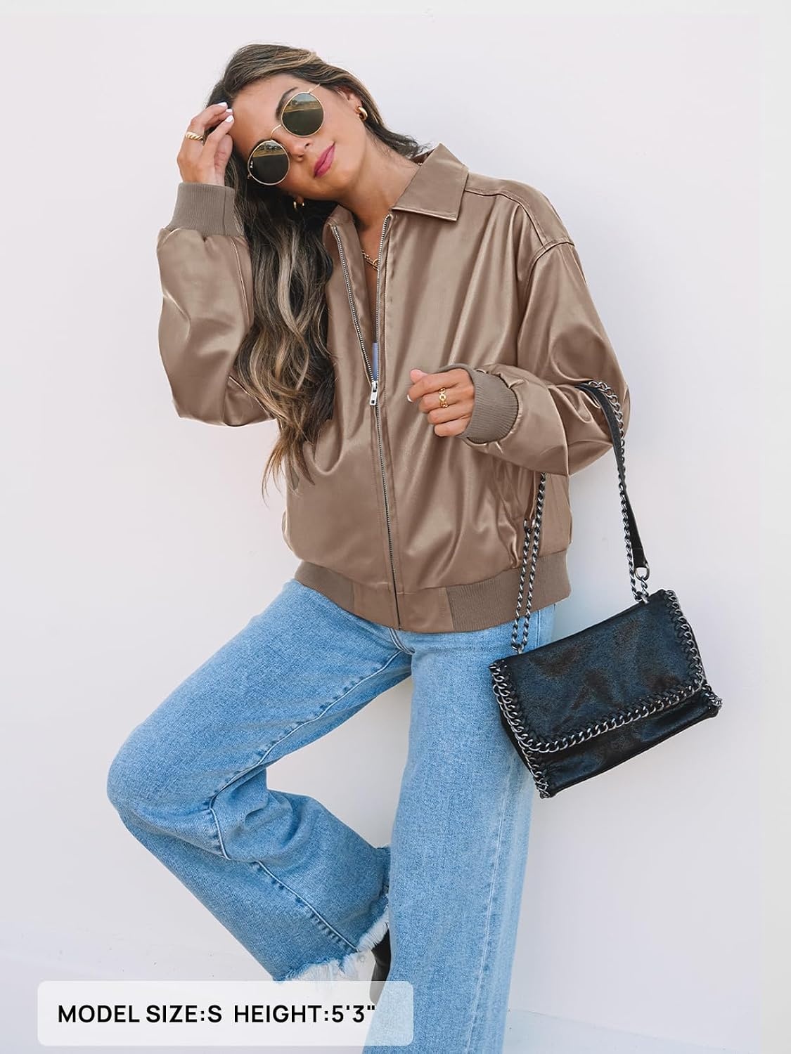 image:imageMEROKEETY Womens Fall Winter Oversized Faux Leather Bomber Jacket Coat 2026 Zip Up Long Sleeves Loose Solid Medium weight Motorcycle Jackets Trendy Boyfriend Style Fashion Outfit ClothesKhaki