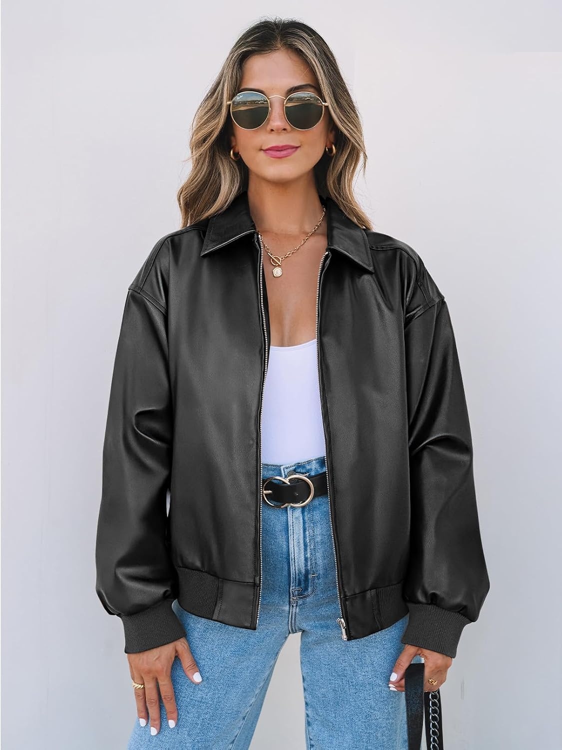 image:imageMEROKEETY Womens Fall Winter Oversized Faux Leather Bomber Jacket Coat 2026 Zip Up Long Sleeves Loose Solid Medium weight Motorcycle Jackets Trendy Boyfriend Style Fashion Outfit ClothesBlack
