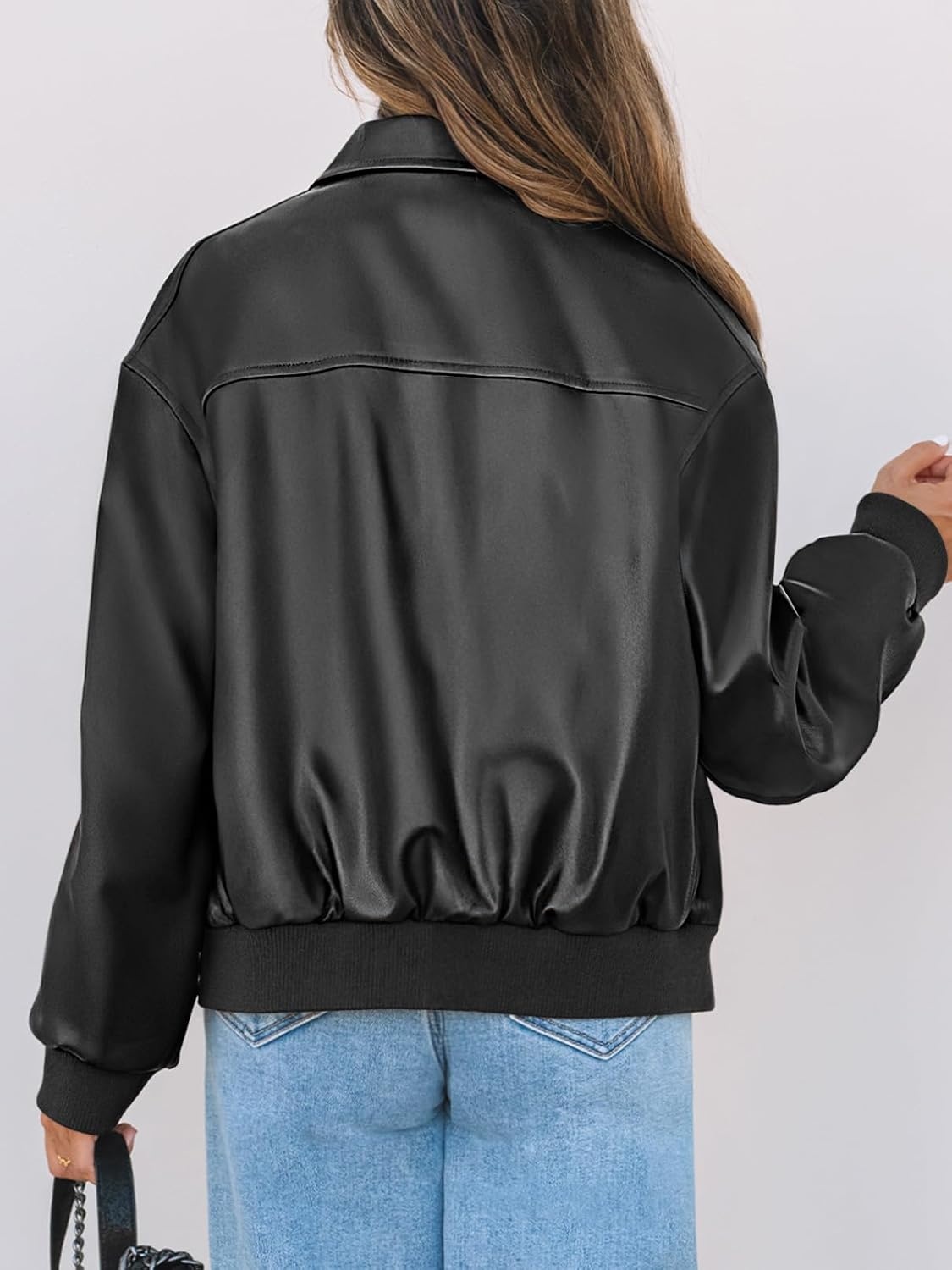 image:imageMEROKEETY Womens Fall Winter Oversized Faux Leather Bomber Jacket Coat 2026 Zip Up Long Sleeves Loose Solid Medium weight Motorcycle Jackets Trendy Boyfriend Style Fashion Outfit ClothesBlack