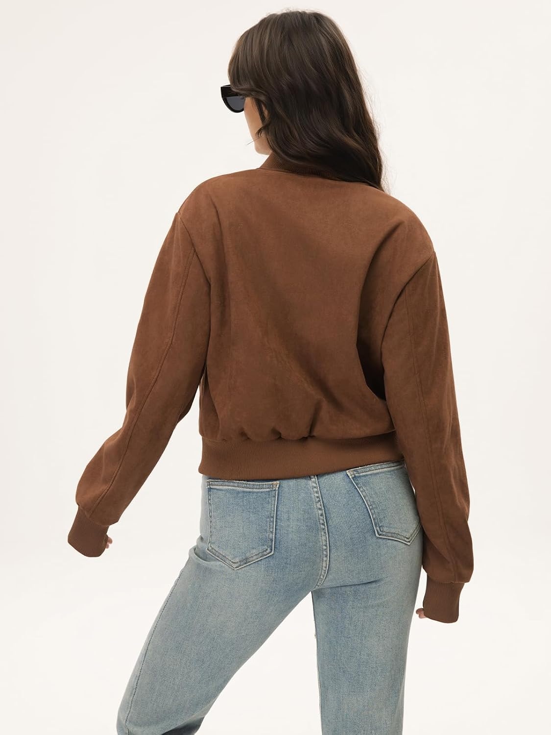 image:imageMoreone Womens Faux Suede Cropped Varsity Bomber Jacket Button Front Casual Slimflattering Cut Soft and Lightweight Trendy Streetwear Outerwear for Spring Fall Date Night School Daily WearBrown