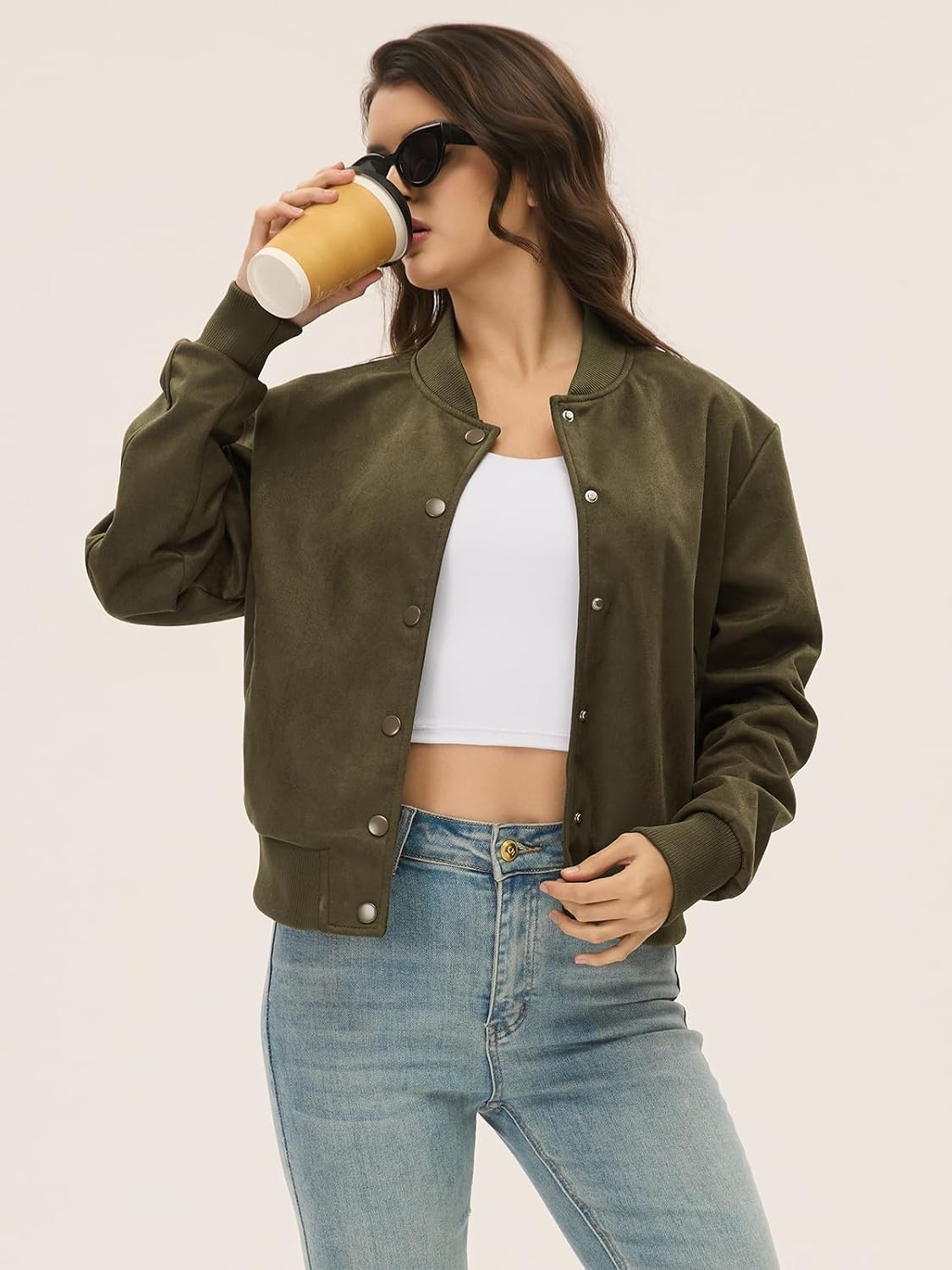 image:imageMoreone Womens Faux Suede Cropped Varsity Bomber Jacket Button Front Casual Slimflattering Cut Soft and Lightweight Trendy Streetwear Outerwear for Spring Fall Date Night School Daily WearArmy Green