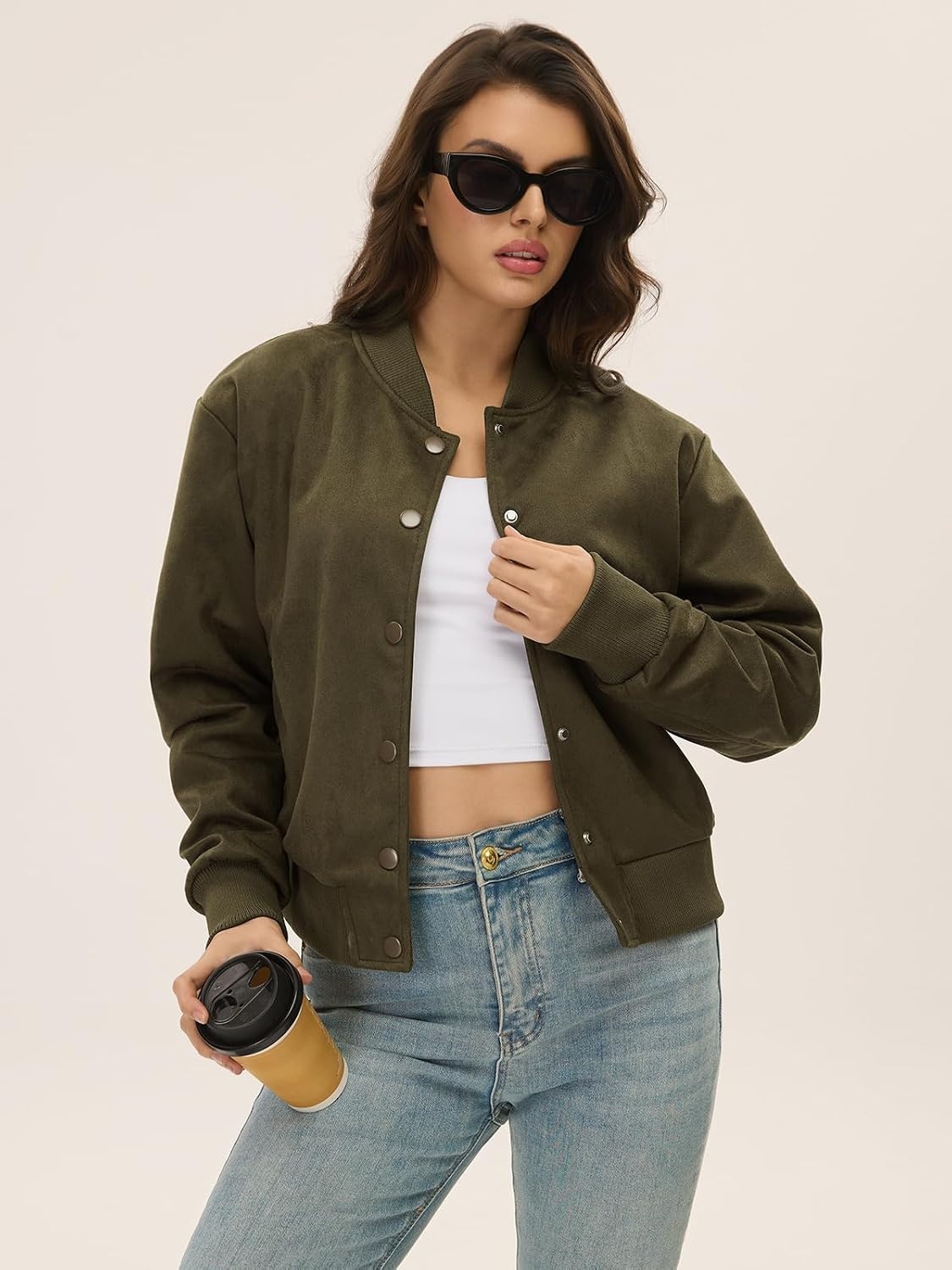 image:imageMoreone Womens Faux Suede Cropped Varsity Bomber Jacket Button Front Casual Slimflattering Cut Soft and Lightweight Trendy Streetwear Outerwear for Spring Fall Date Night School Daily WearArmy Green
