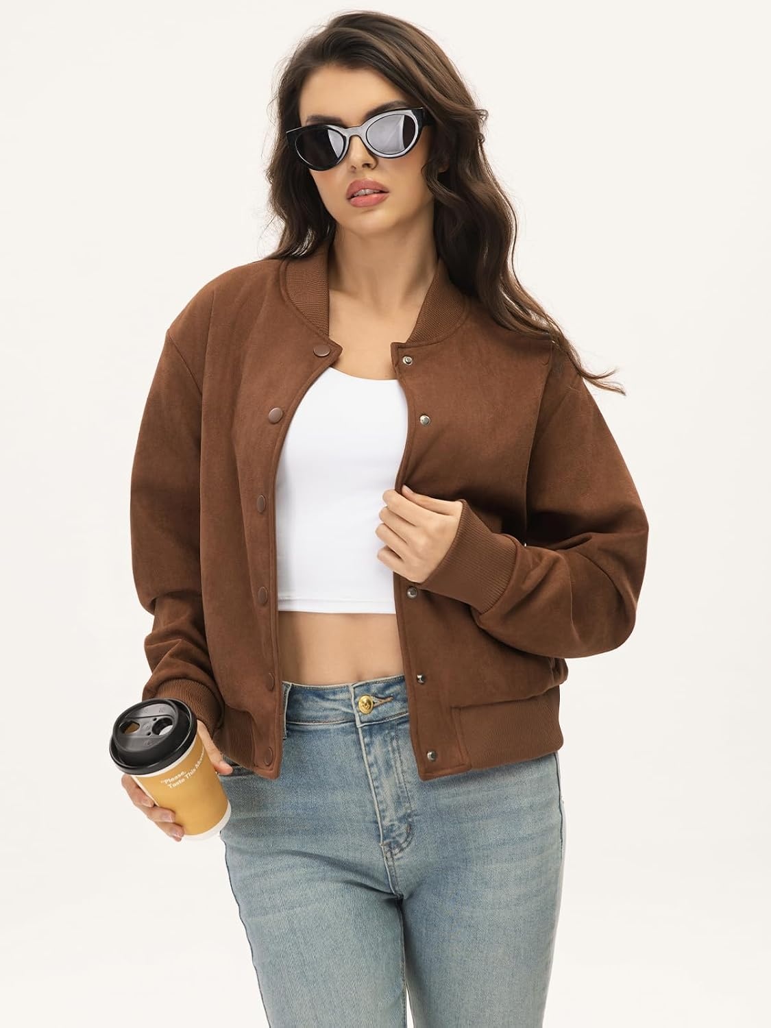 image:imageMoreone Womens Faux Suede Cropped Varsity Bomber Jacket Button Front Casual Slimflattering Cut Soft and Lightweight Trendy Streetwear Outerwear for Spring Fall Date Night School Daily WearBrown