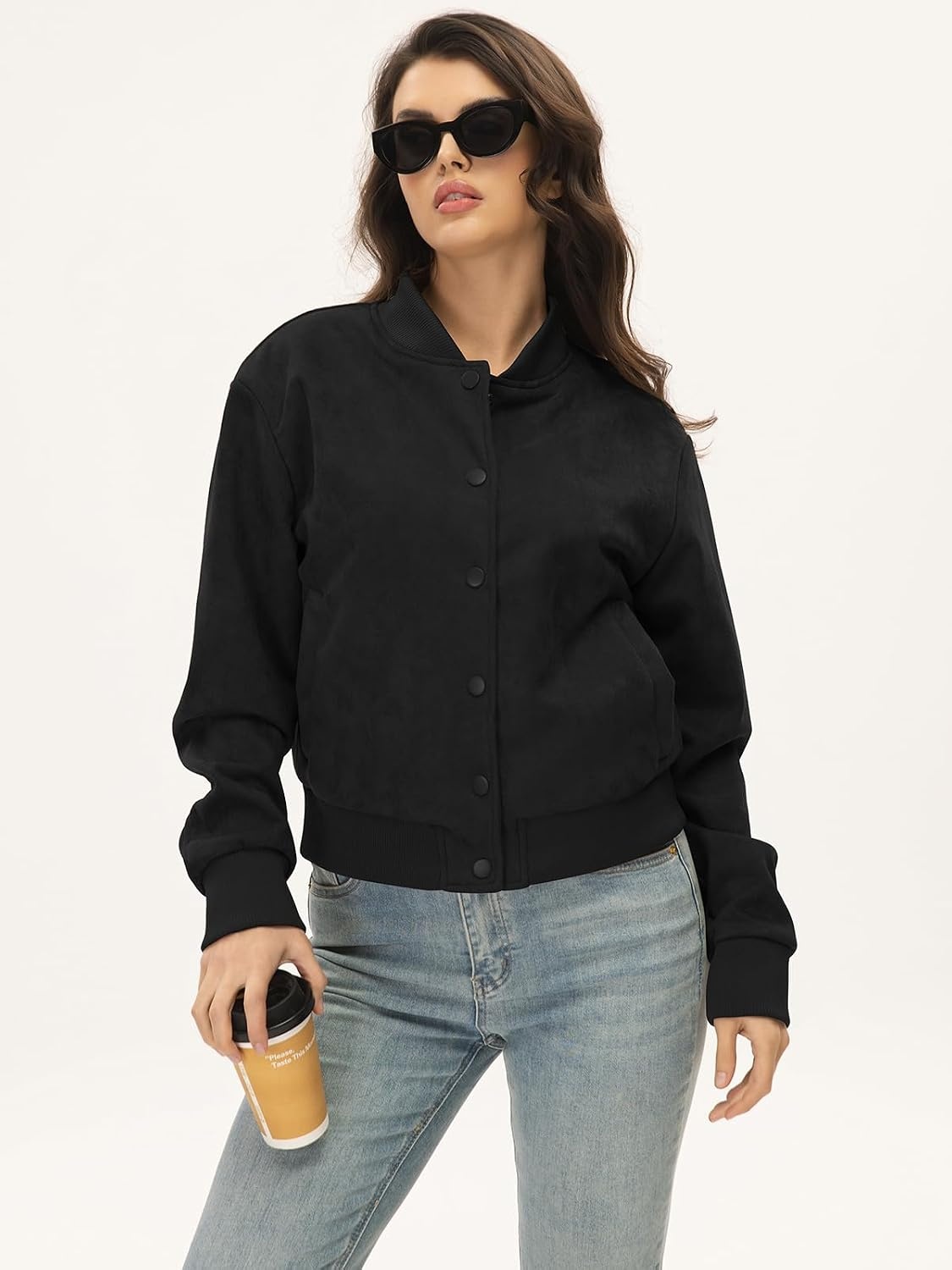 image:imageMoreone Womens Faux Suede Cropped Varsity Bomber Jacket Button Front Casual Slimflattering Cut Soft and Lightweight Trendy Streetwear Outerwear for Spring Fall Date Night School Daily WearBlack