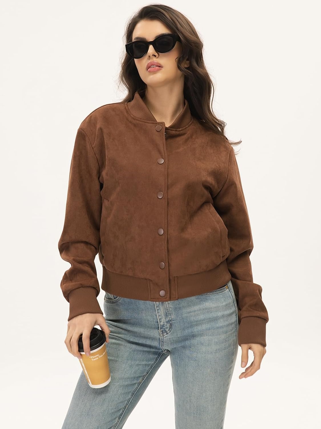 image:imageMoreone Womens Faux Suede Cropped Varsity Bomber Jacket Button Front Casual Slimflattering Cut Soft and Lightweight Trendy Streetwear Outerwear for Spring Fall Date Night School Daily WearBrown