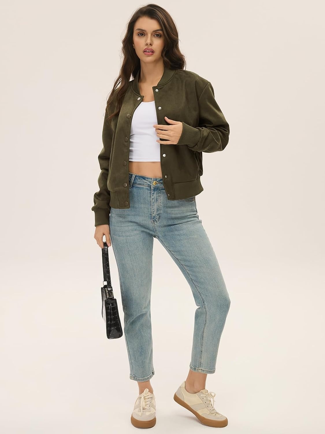 image:imageMoreone Womens Faux Suede Cropped Varsity Bomber Jacket Button Front Casual Slimflattering Cut Soft and Lightweight Trendy Streetwear Outerwear for Spring Fall Date Night School Daily WearArmy Green