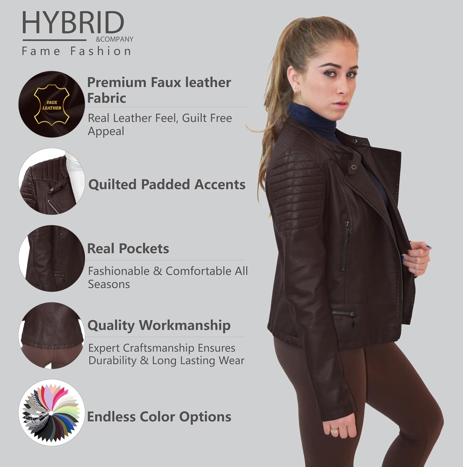 image:imageOlivia Miller Womens Faux Leather Moto Jacket Zipup closure faux leather material biker moto style slim fit suitable for casual wear and outingsBrown