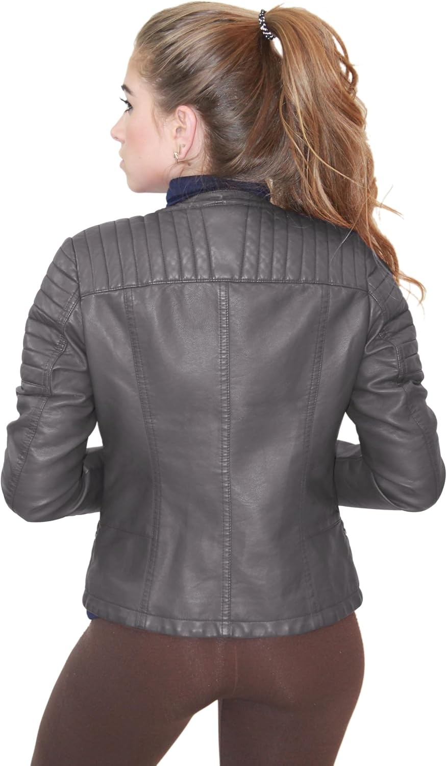 image:imageOlivia Miller Womens Faux Leather Moto Jacket Zipup closure faux leather material biker moto style slim fit suitable for casual wear and outingsGrey
