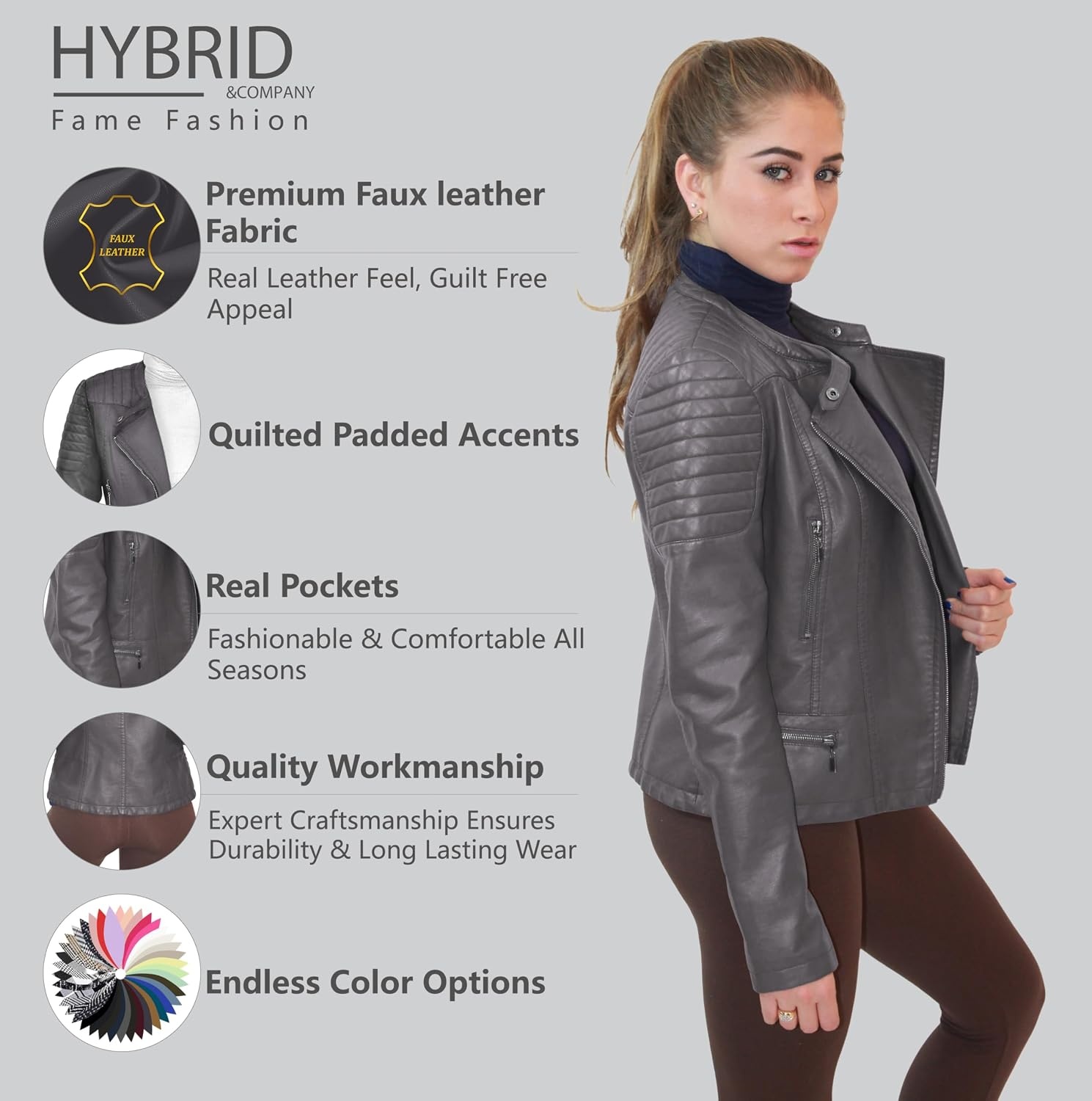 image:imageOlivia Miller Womens Faux Leather Moto Jacket Zipup closure faux leather material biker moto style slim fit suitable for casual wear and outingsGrey