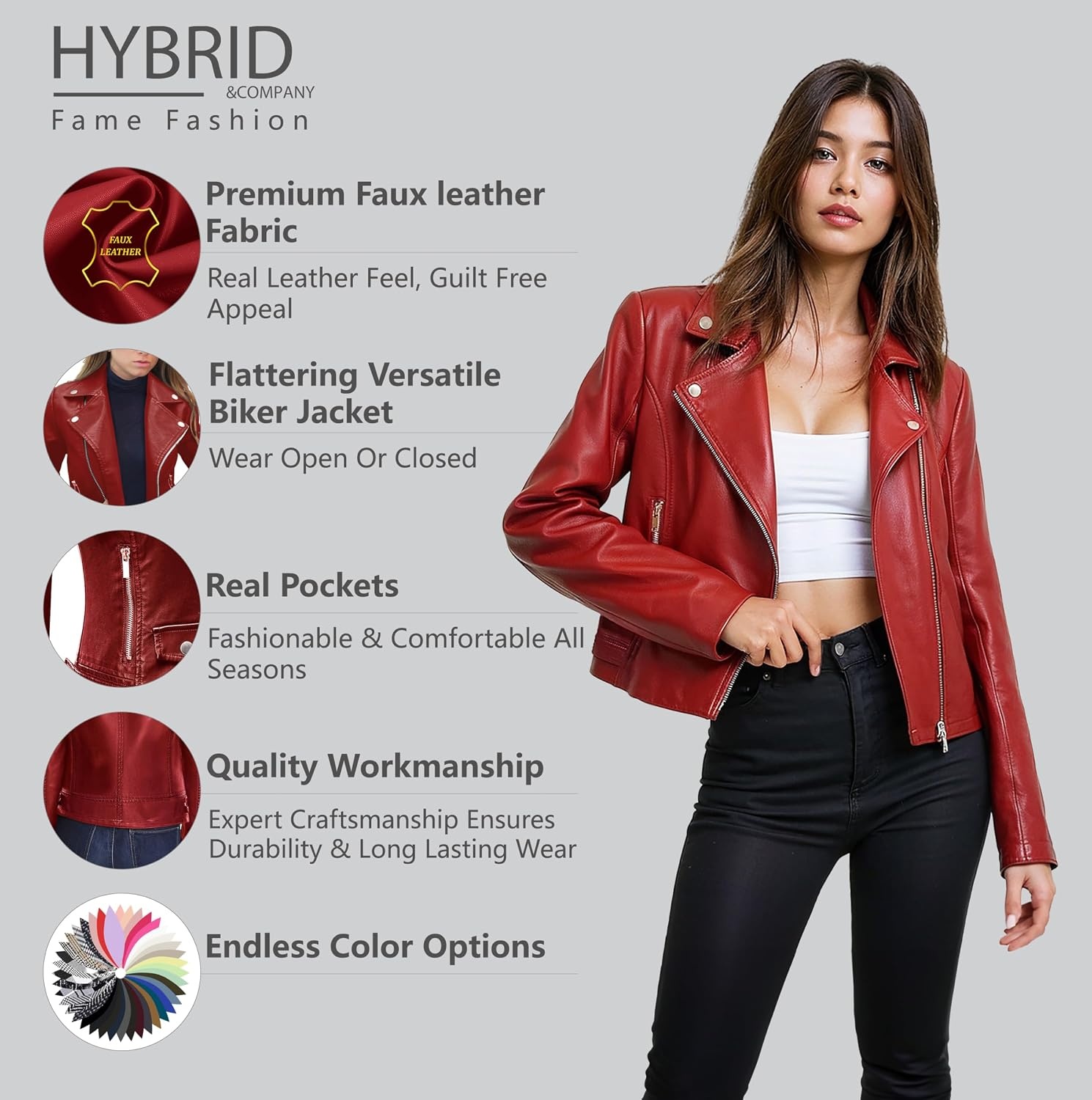 image:imageOlivia Miller Womens Faux Leather Moto Jacket Zipup closure faux leather material biker moto style slim fit suitable for casual wear and outingsJk5208red