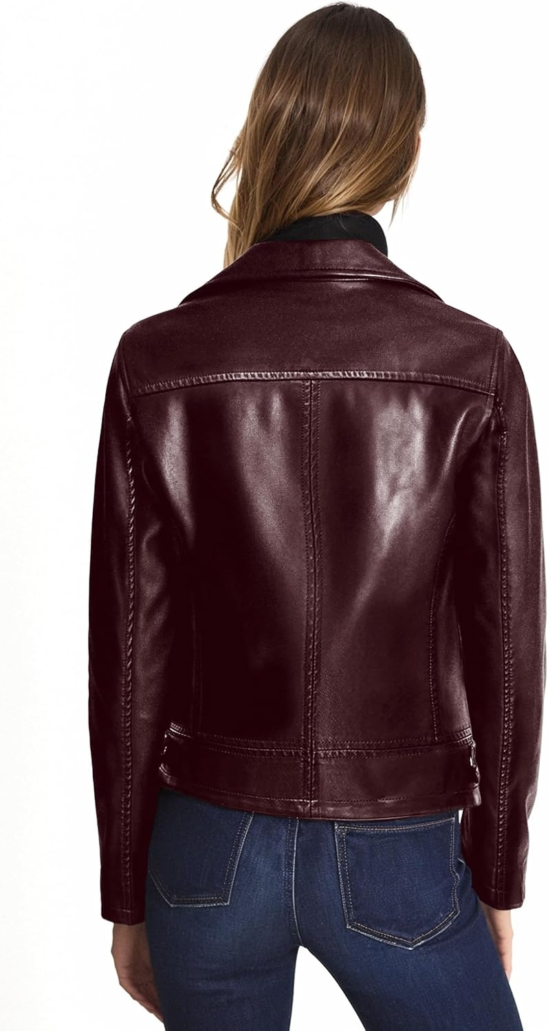 image:imageOlivia Miller Womens Faux Leather Moto Jacket Zipup closure faux leather material biker moto style slim fit suitable for casual wear and outingsJk5208burgundy