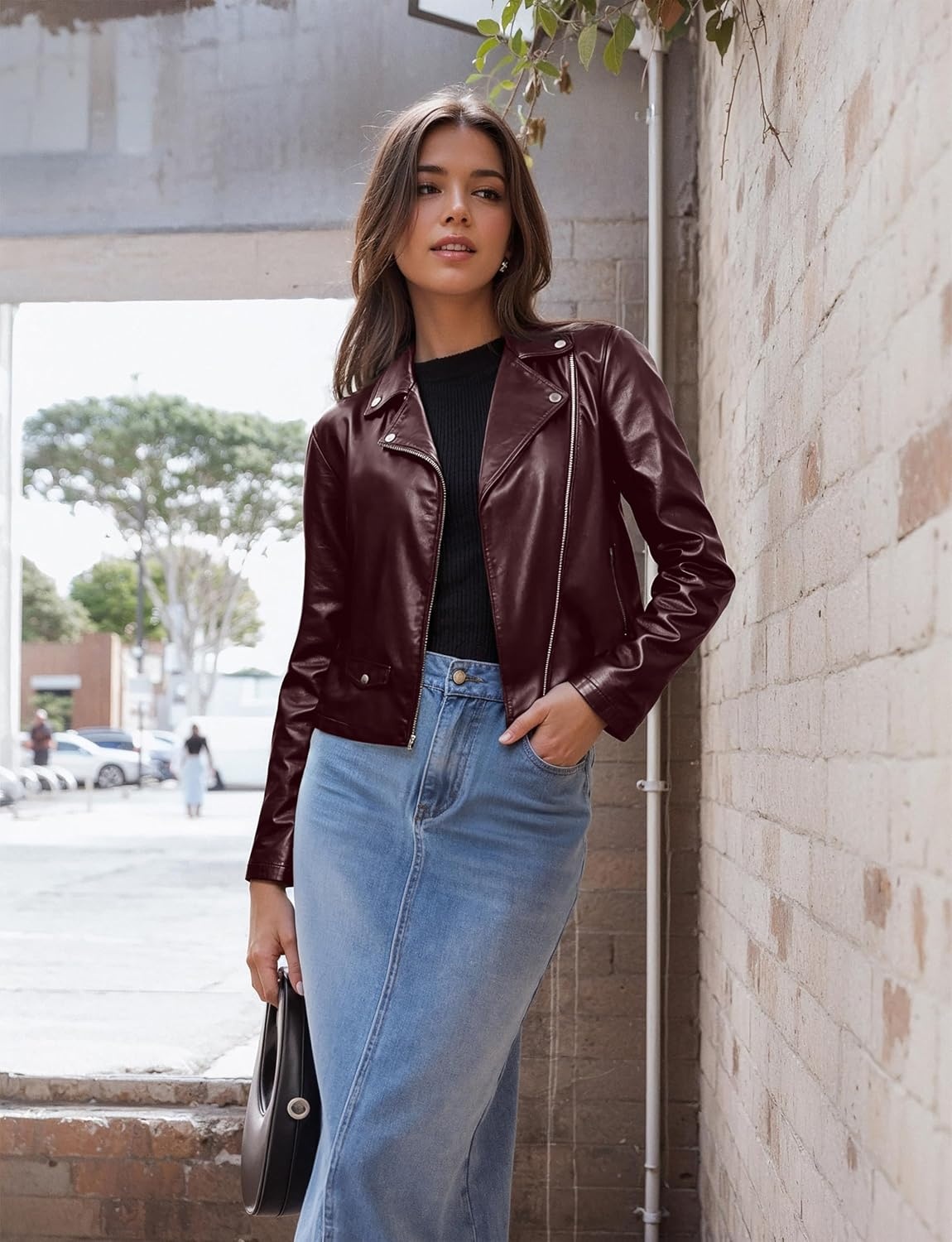 image:imageOlivia Miller Womens Faux Leather Moto Jacket Zipup closure faux leather material biker moto style slim fit suitable for casual wear and outingsJk5208burgundy