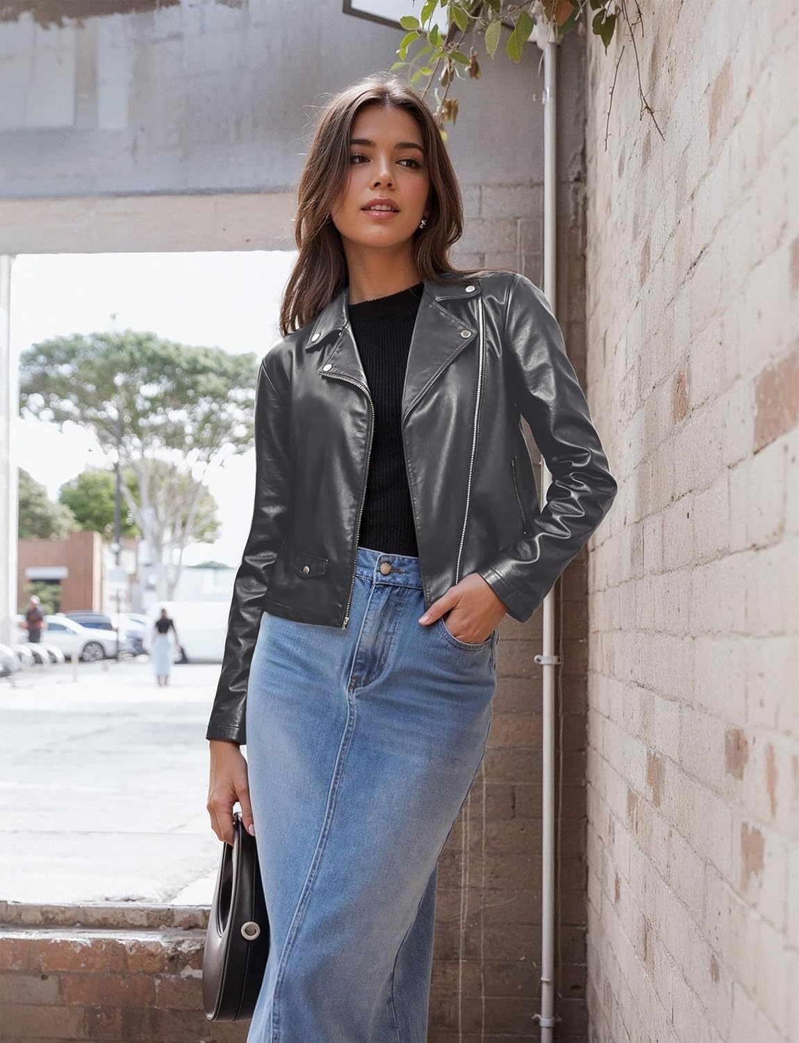 image:imageOlivia Miller Womens Faux Leather Moto Jacket Zipup closure faux leather material biker moto style slim fit suitable for casual wear and outingsJk5208gray