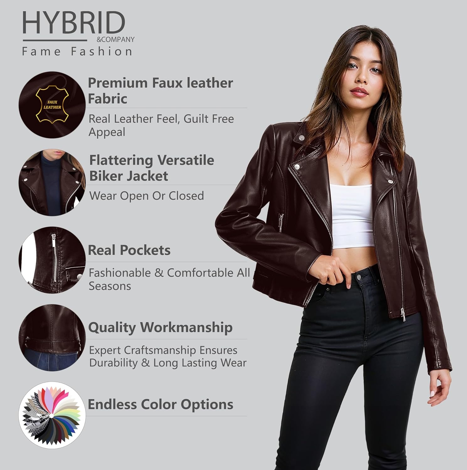 image:imageOlivia Miller Womens Faux Leather Moto Jacket Zipup closure faux leather material biker moto style slim fit suitable for casual wear and outingsJk5208brown