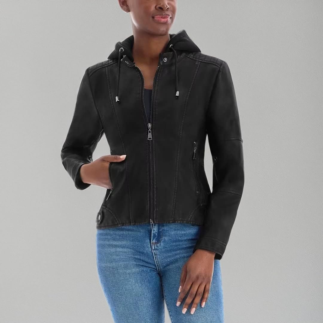image:imageOlivia Miller Womens Faux Leather Moto Jacket Zipup closure faux leather material biker moto style slim fit suitable for casual wear and outingsJk5210black
