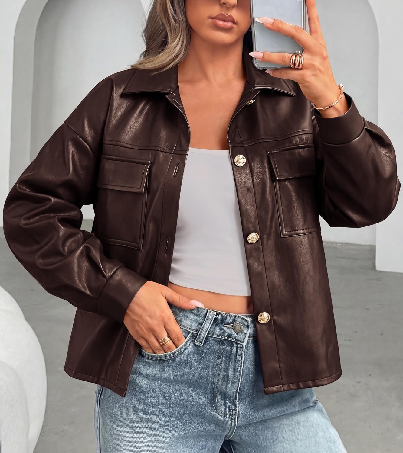 image:imagePRETTYGADEN Womens Button Down Faux Leather Jacket Fall Fashion Turn Down Collar Winter Coats Patch Pockets Motorcycle Bomber Jackets Casual Spring Holiday Travel OuterwearBrown