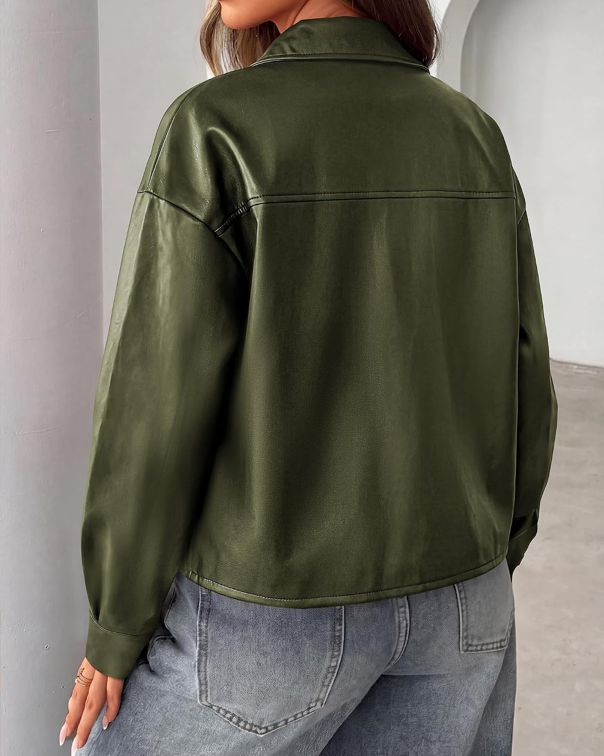 image:imagePRETTYGADEN Womens Button Down Faux Leather Jacket Fall Fashion Turn Down Collar Winter Coats Patch Pockets Motorcycle Bomber Jackets Casual Spring Holiday Travel OuterwearArmy Green